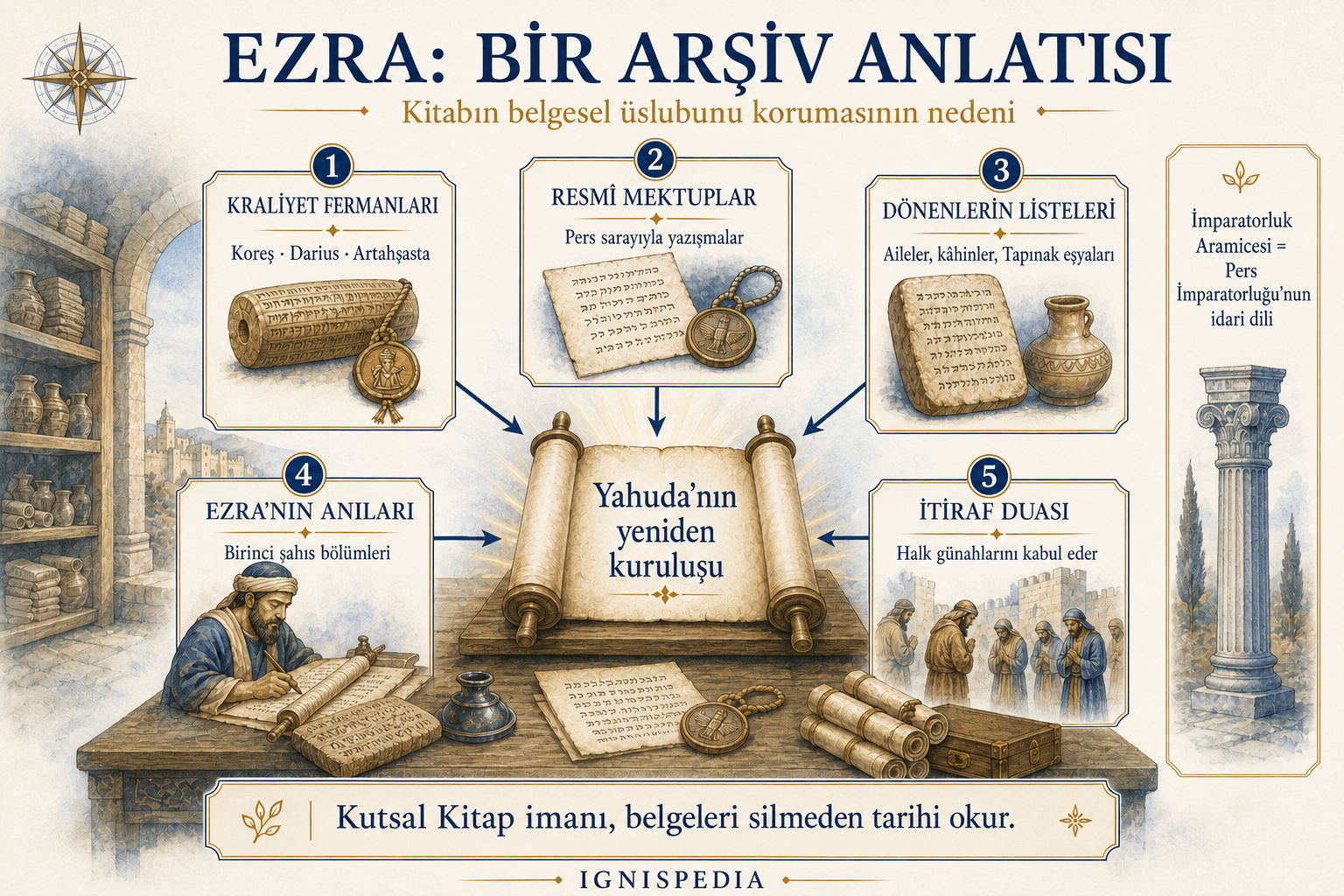 Ezra’nın belgesel anlatısını oluşturan fermanlar, mektuplar, listeler, anılar ve duaları gösteren infografik