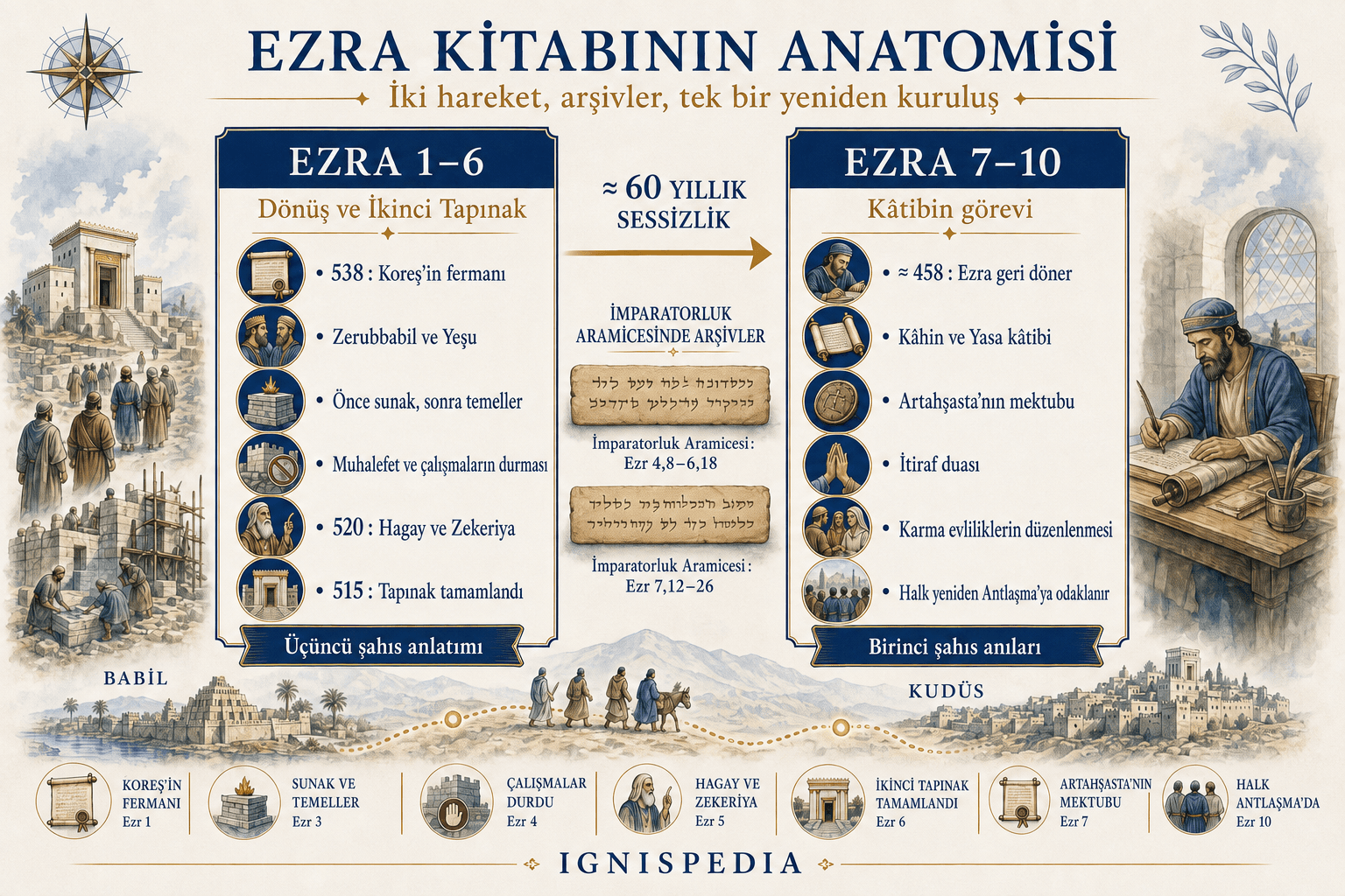 Ezra kitabının iki ana bölümden ve Aramice bölümlerinden oluşan yapısına dair infografik