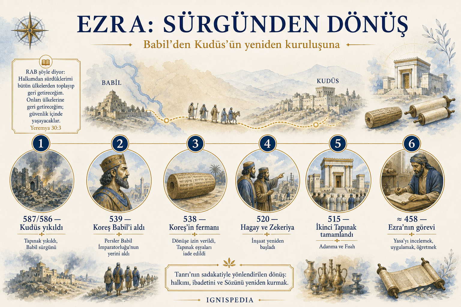 Ezra Kitabı'nın kronolojik infografiği: Yeruşalim'in yıkılışından Ezra'nın misyonuna