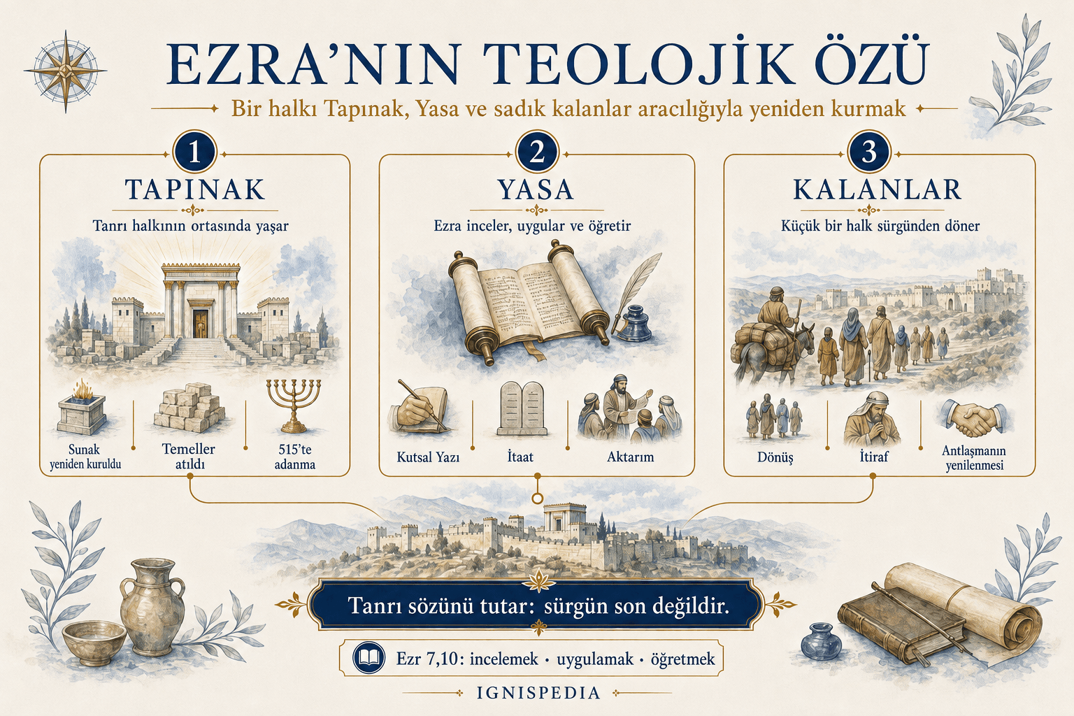 Ezra kitabının üç teolojik temasını gösteren infografik: Tapınak, Yasa ve sadık kalmış küçük topluluk