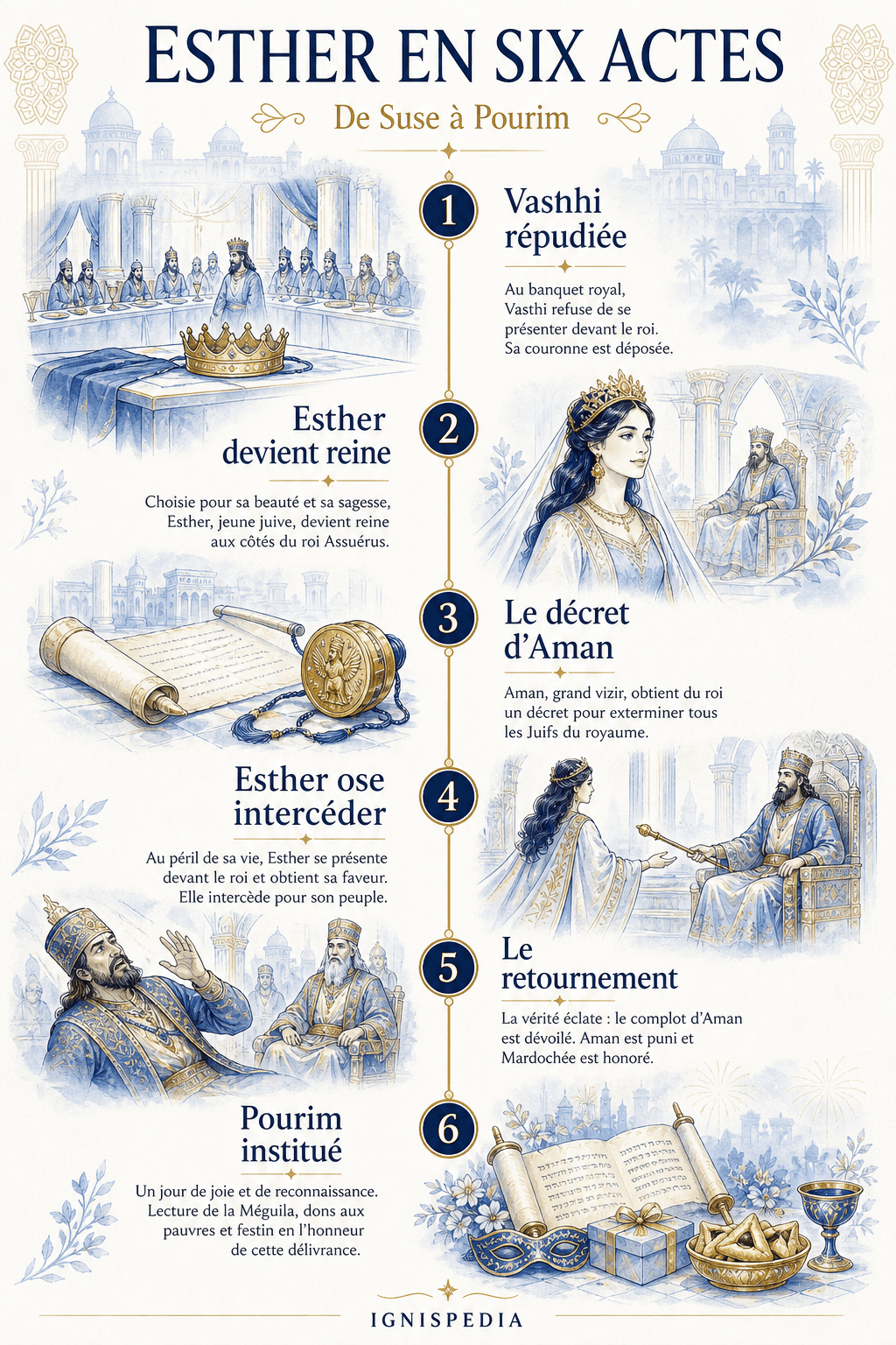 Le récit d'Esther résumé en six actes, de la disgrâce de Vasthi à Pourim