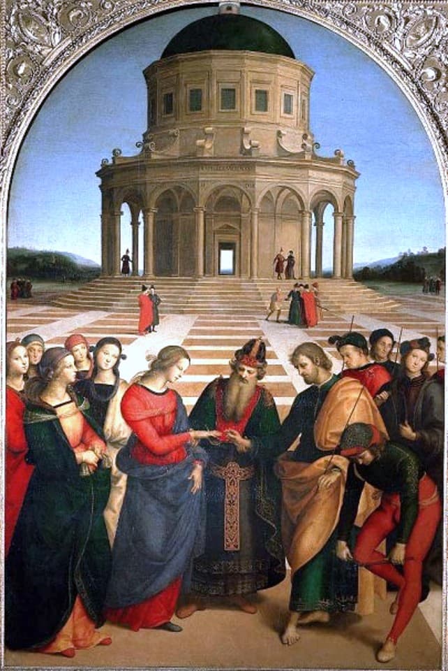 Raffaello, Lo Sposalizio della Vergine: Giuseppe infila l'anello al dito di Maria