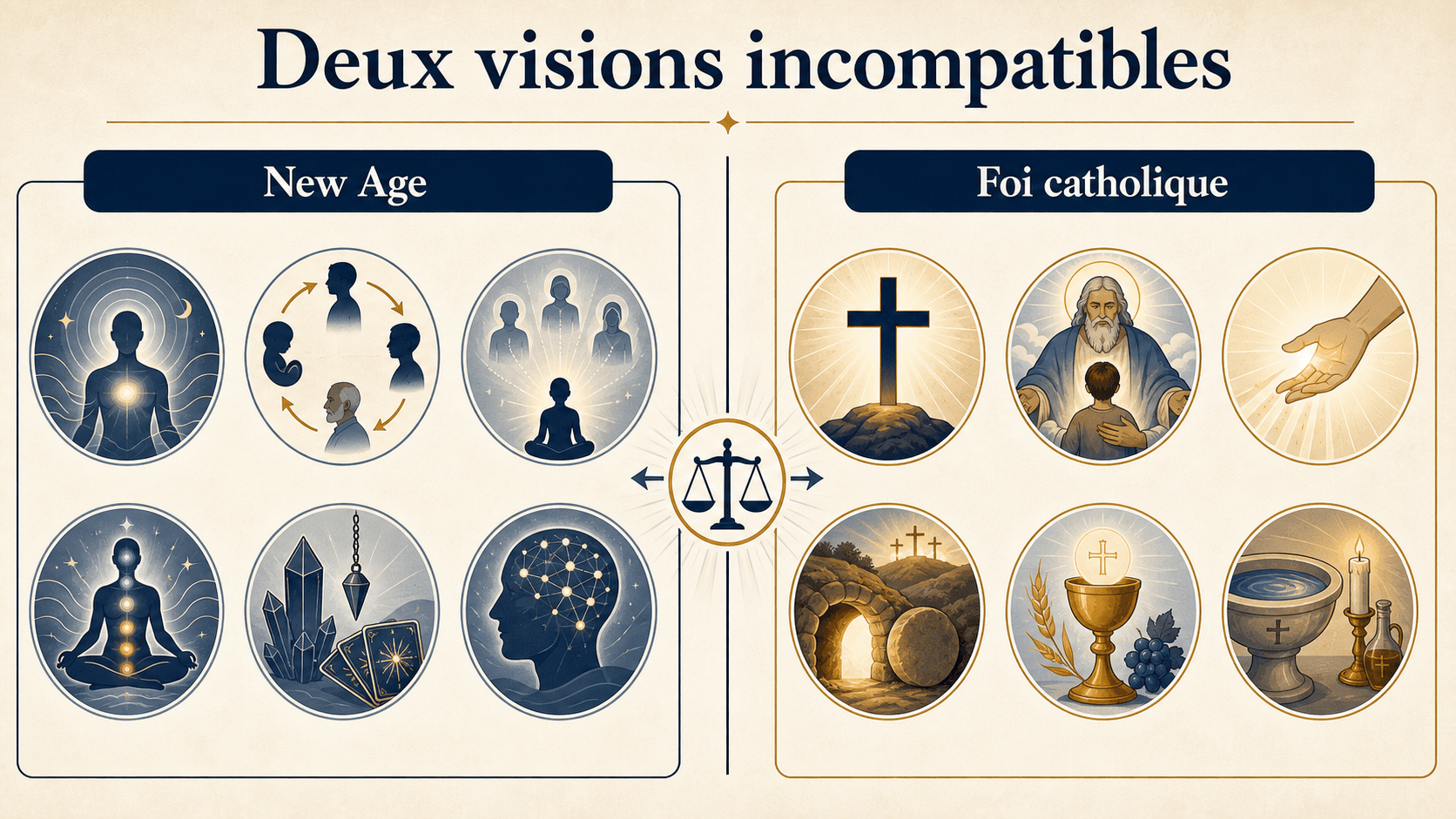 Contraste visuel entre la vision New Age et la foi catholique