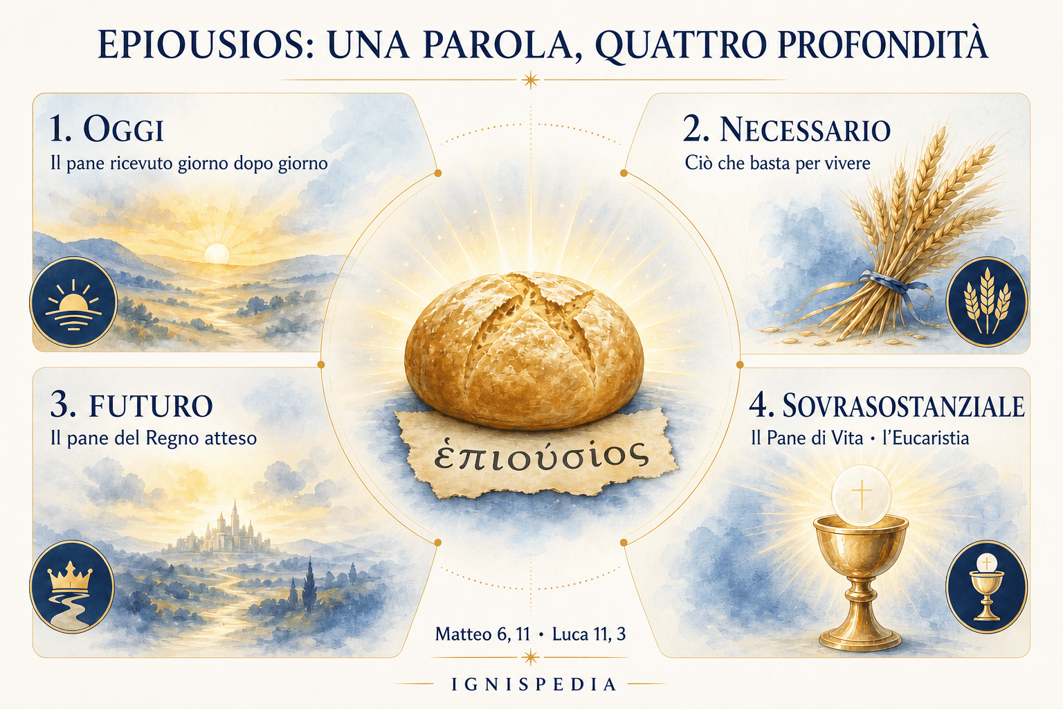 I quattro significati del termine greco epiousios: oggi, necessario, futuro e sovrasostanziale