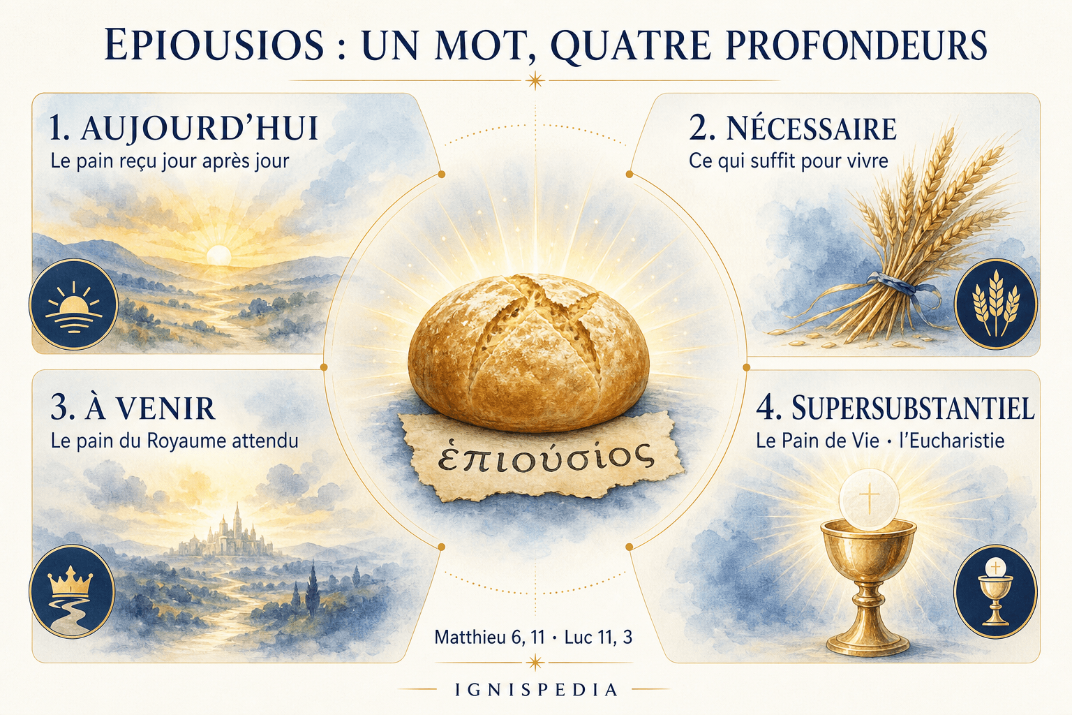 Les quatre profondeurs de sens du mot grec epiousios : aujourd'hui, nécessaire, à venir et supersubstantiel