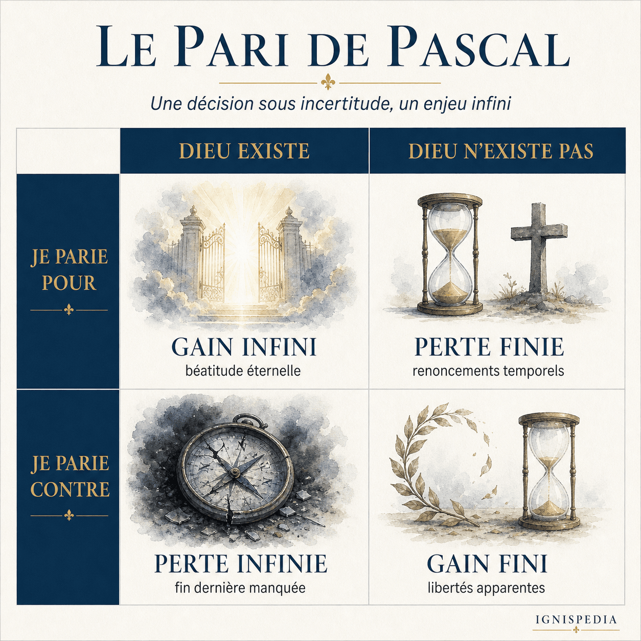 Matrice du pari de Pascal : Dieu existe ou n'existe pas, je parie pour Dieu ou contre Dieu