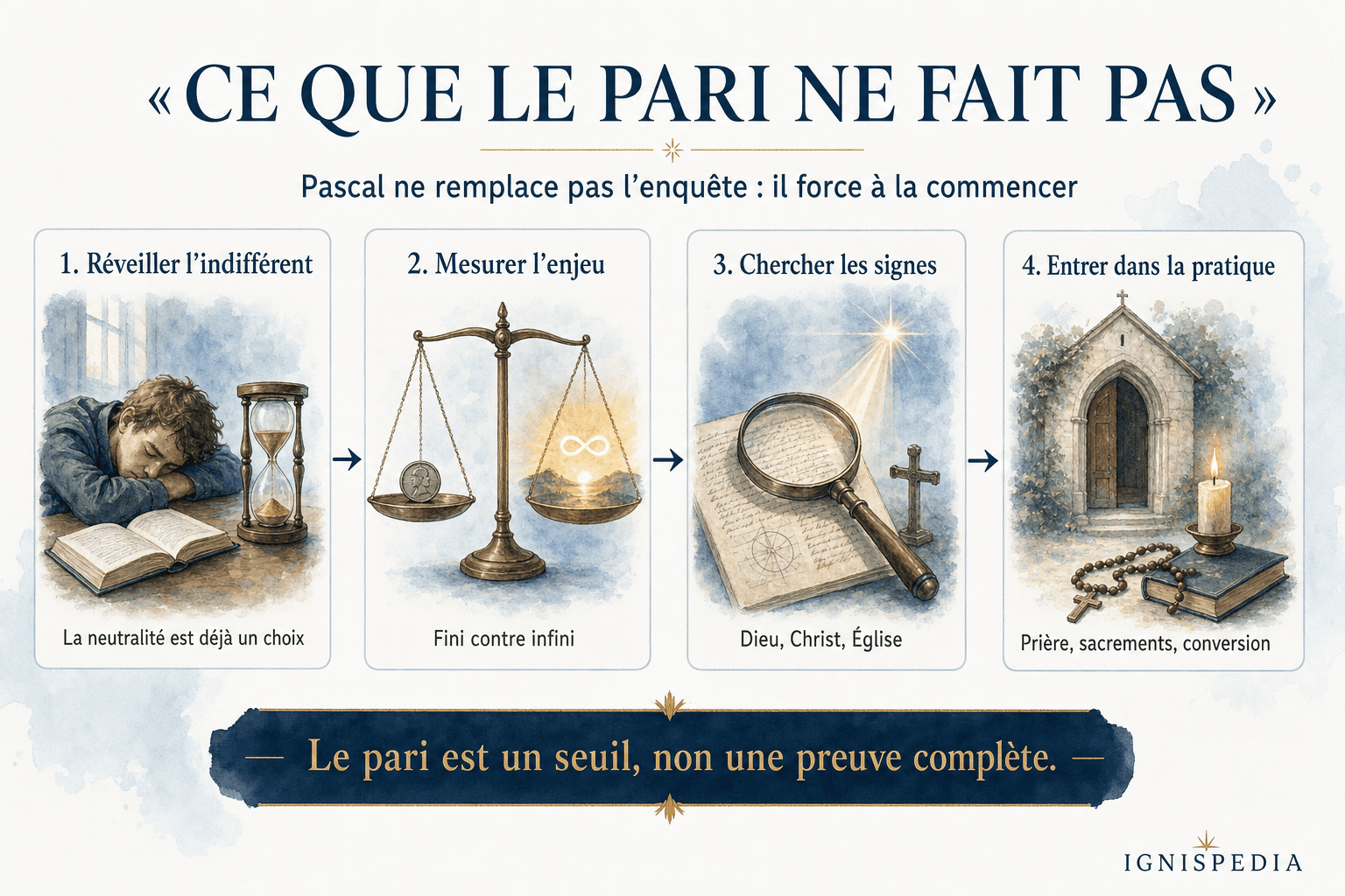 Schéma du pari de Pascal comme seuil vers l'enquête et la pratique chrétienne