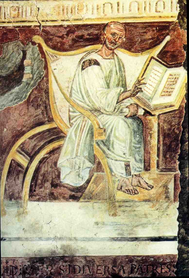 Saint Augustine seated with an open book, Lateran fresco of the sixth century