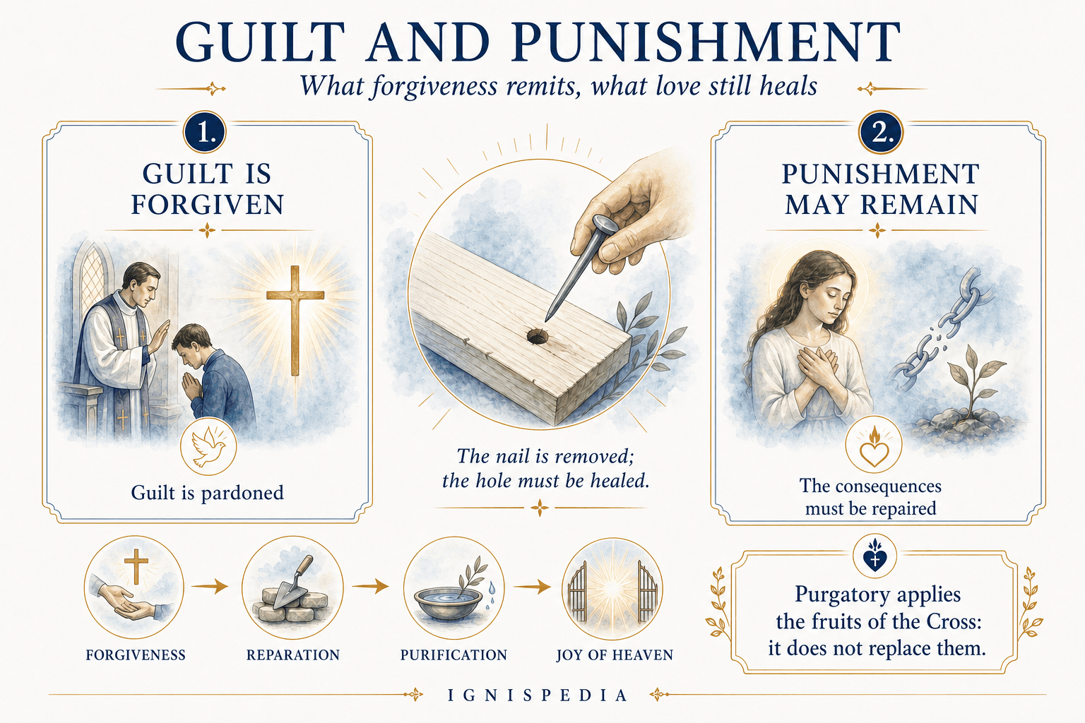 Ignispedia infographic distinguishing forgiven guilt and punishment to be repaired, with the analogy of the removed nail and the remaining hole.