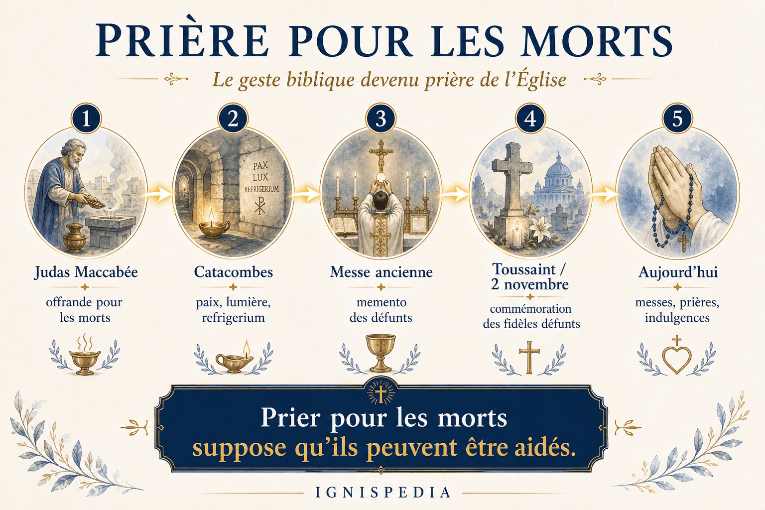 Infographie Ignispedia retraçant la prière pour les morts depuis Judas Maccabée jusqu'aux messes, prières et indulgences d'aujourd'hui.