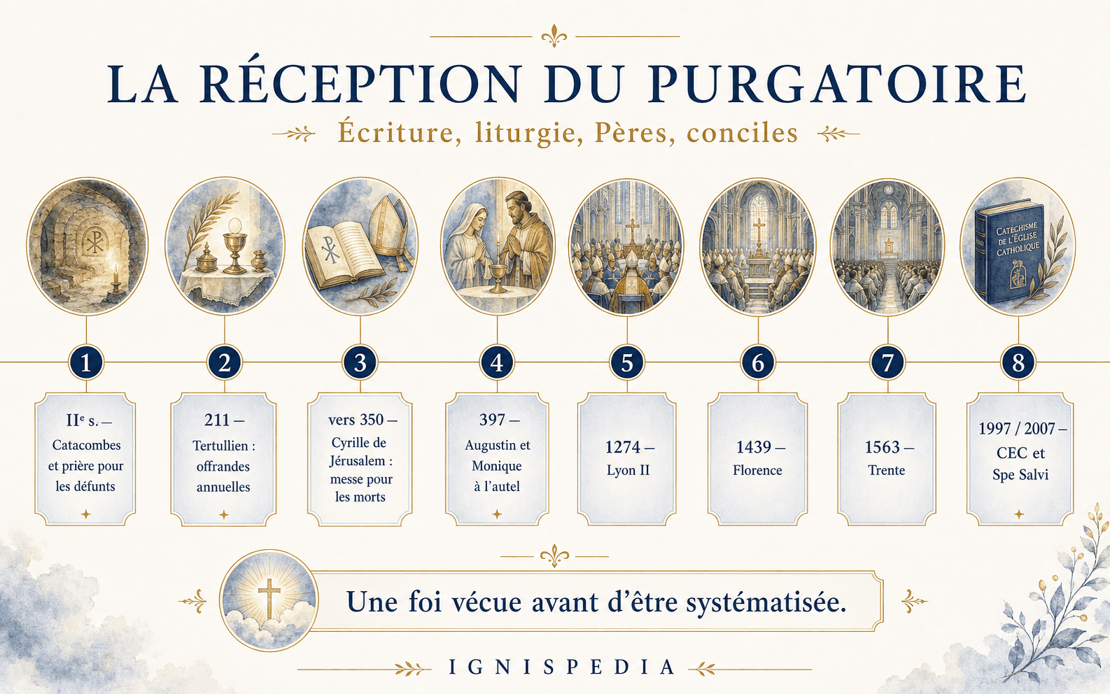 Frise chronologique Ignispedia de la réception du purgatoire : catacombes, Tertullien, Cyrille, Augustin, Lyon II, Florence, Trente, Catéchisme et Spe Salvi.
