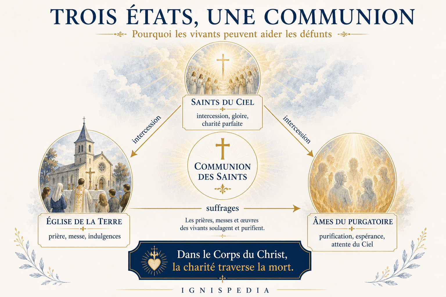 Infographie Ignispedia présentant la communion des saints entre l'Église de la terre, les âmes du purgatoire et les saints du Ciel.