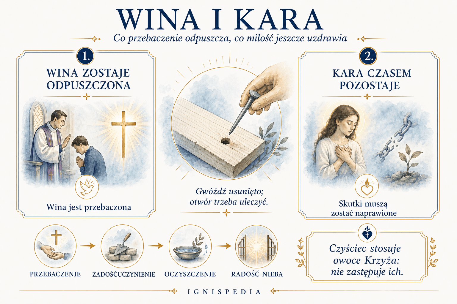 Infografika Ignispedia rozróżniająca winę odpuszczoną i karę do odpokutowania, z analogią wyjętego gwoździa i pozostającej dziury.