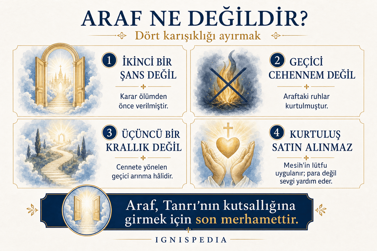 Ignispedia infografiği dört karışıklığı düzeltiyor: araf ikinci bir şans değildir, geçici bir cehennem değildir, üçüncü bir krallık değildir, kurtuluşun satın alınması değildir.