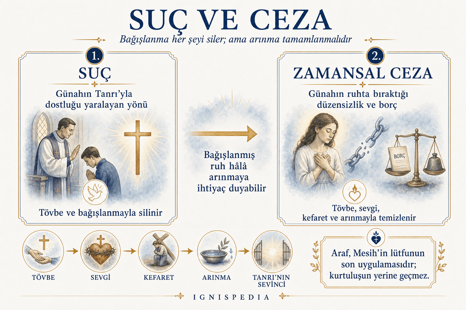 Ignispedia infografiği, affedilen suç ile onarılması gereken ceza arasındaki farkı, çıkarılan çivi ve kalan delik benzetmesiyle gösteriyor.