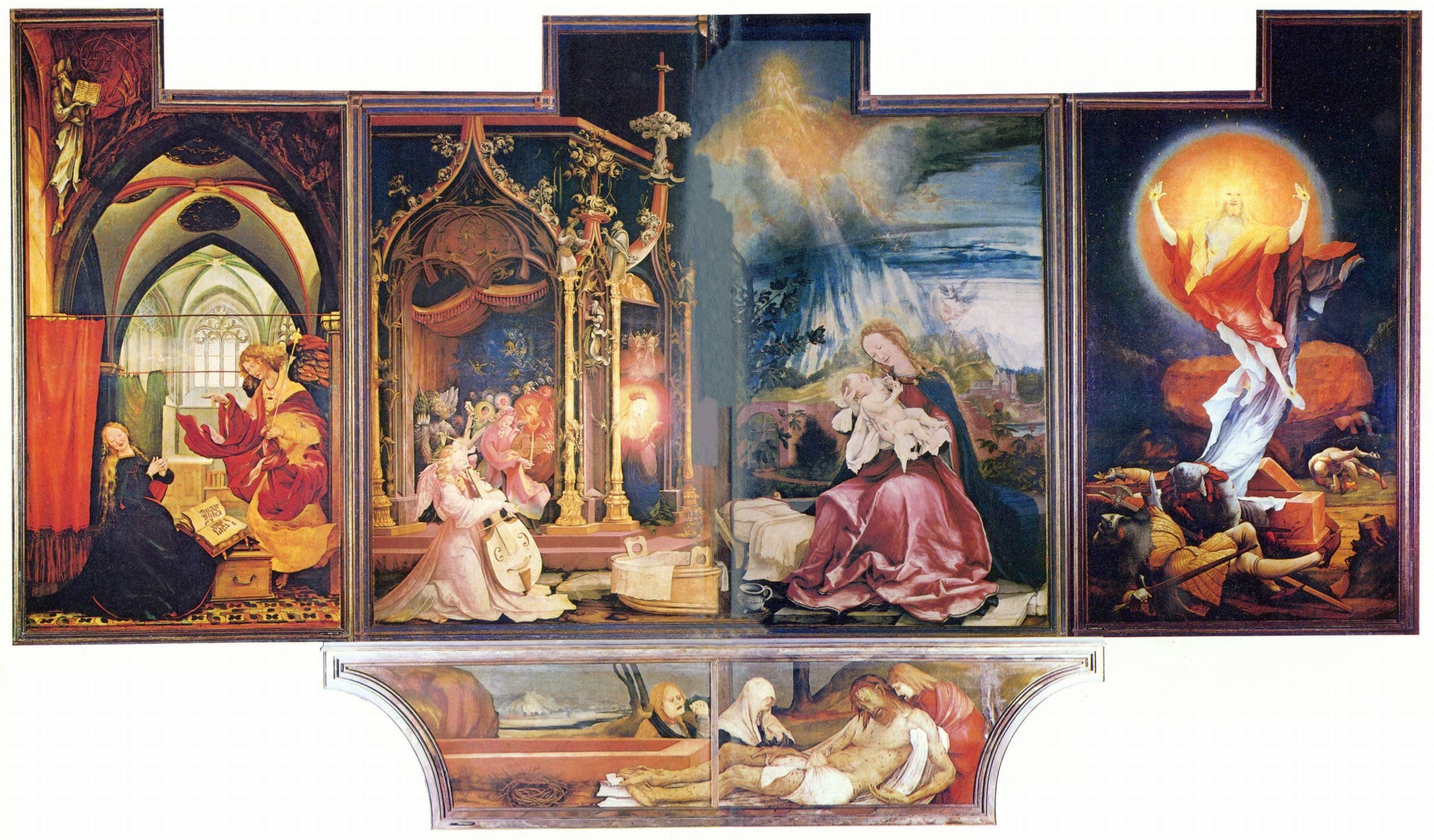 First opening: Annunciation, Concert of Angels, Nativity and Resurrection
