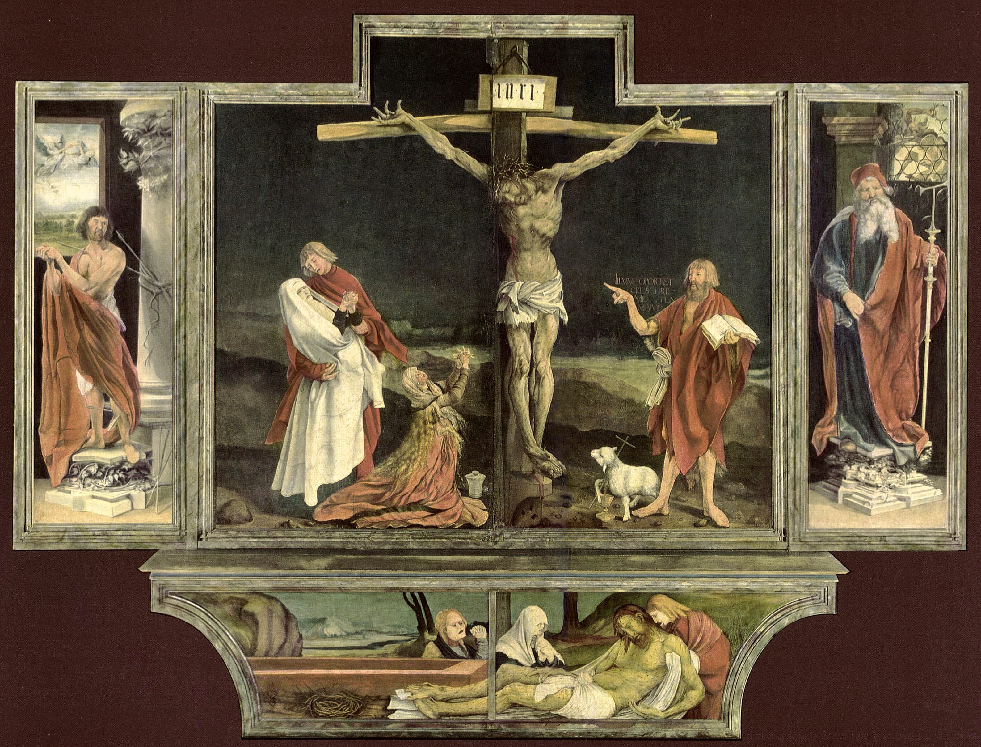 The closed Isenheim Altarpiece: Crucifixion between Saint Sebastian and Saint Anthony