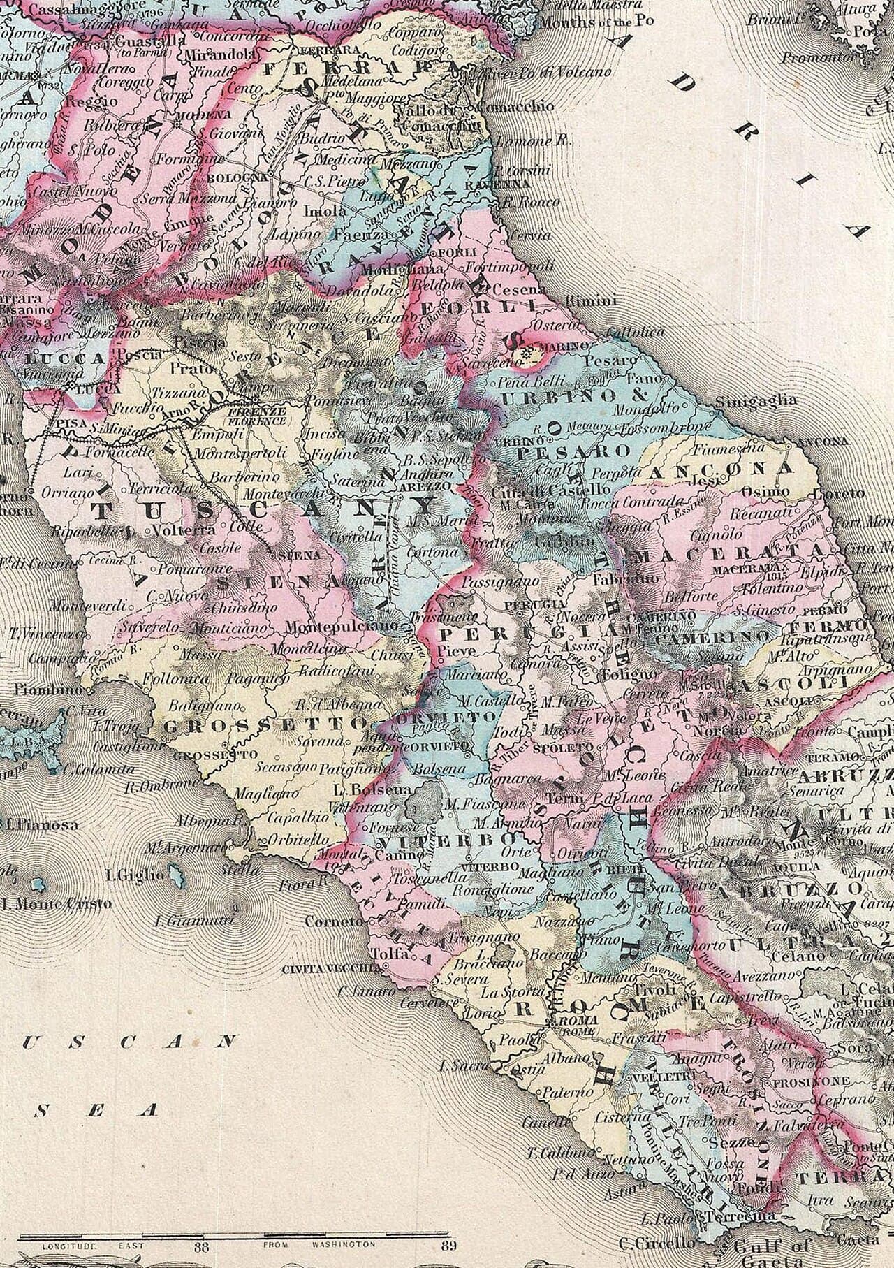 Map of the Papal States in 1855 by J. H. Colton