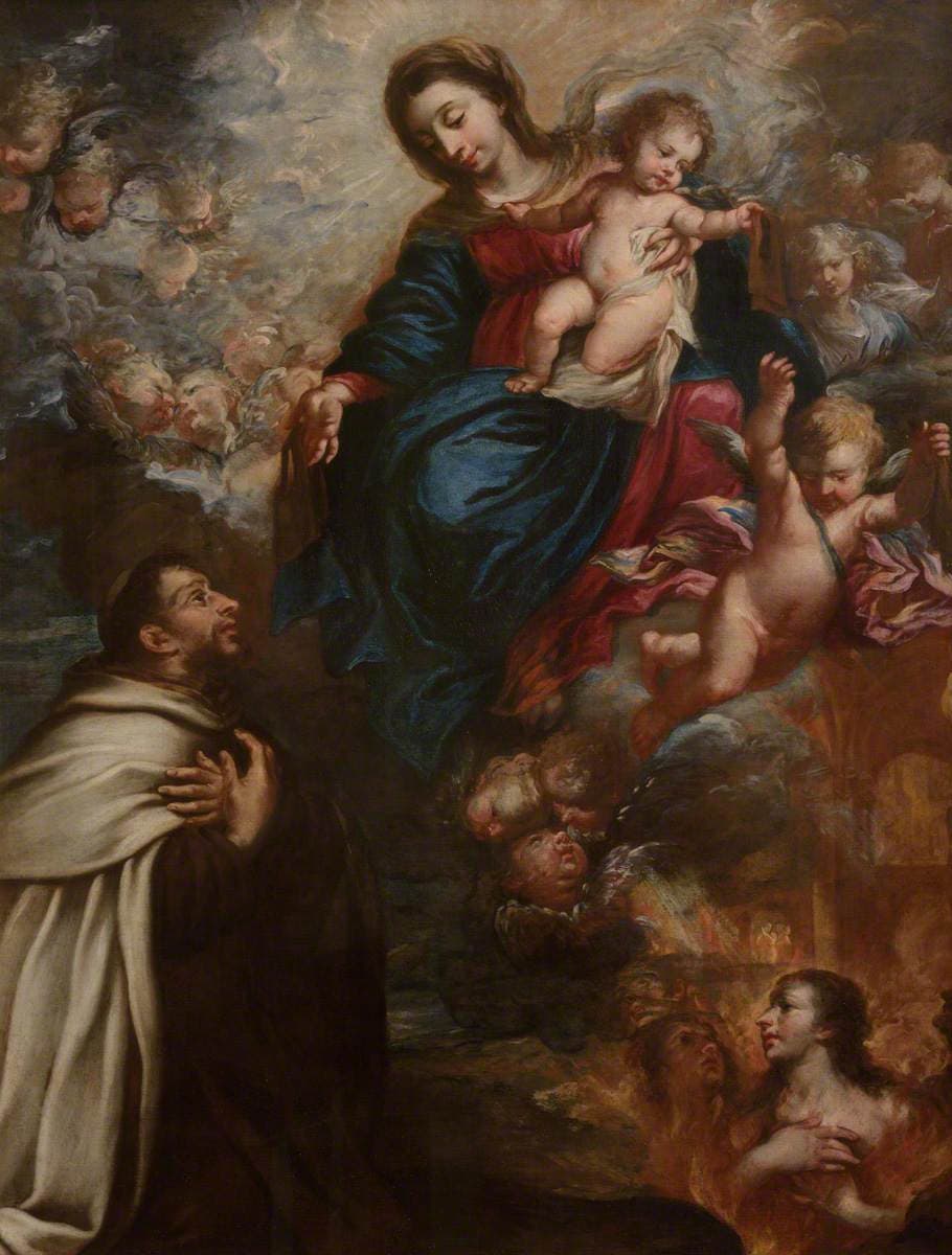 La Virgen María con el Niño Jesús entrega el escapulario a san Simón Stock arrodillado