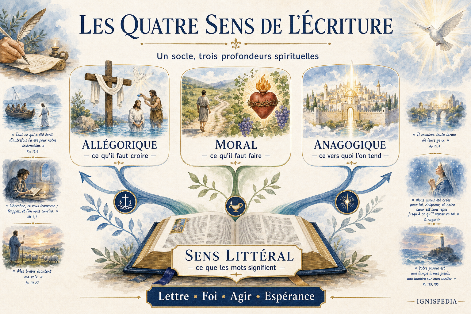 Infographie des deux sens de l'Écriture : le sens littéral comme socle, d'où jaillissent les trois sens spirituels