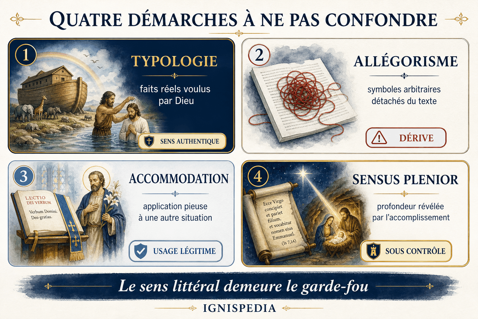 Infographie comparant typologie, allégorisme, sens accommodatice et sensus plenior