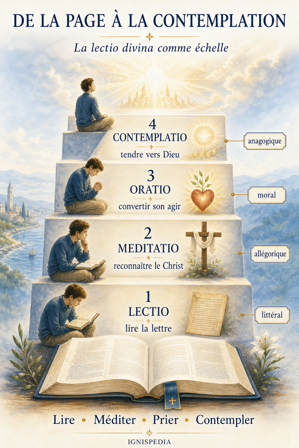 Infographie reliant les étapes de la lectio divina aux quatre sens de l'Écriture