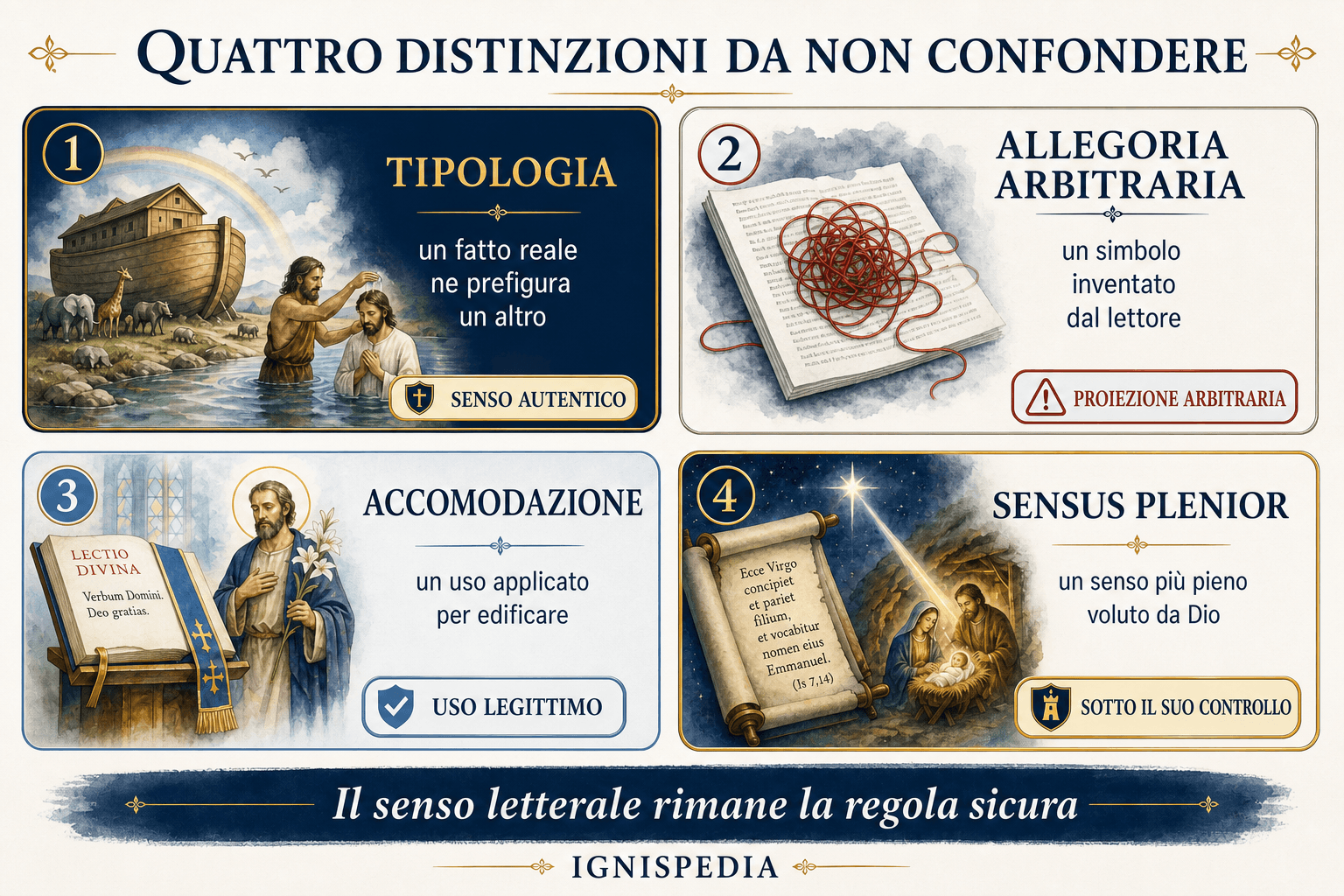 Infografica che confronta tipologia, allegorismo, senso accomodativo e sensus plenior
