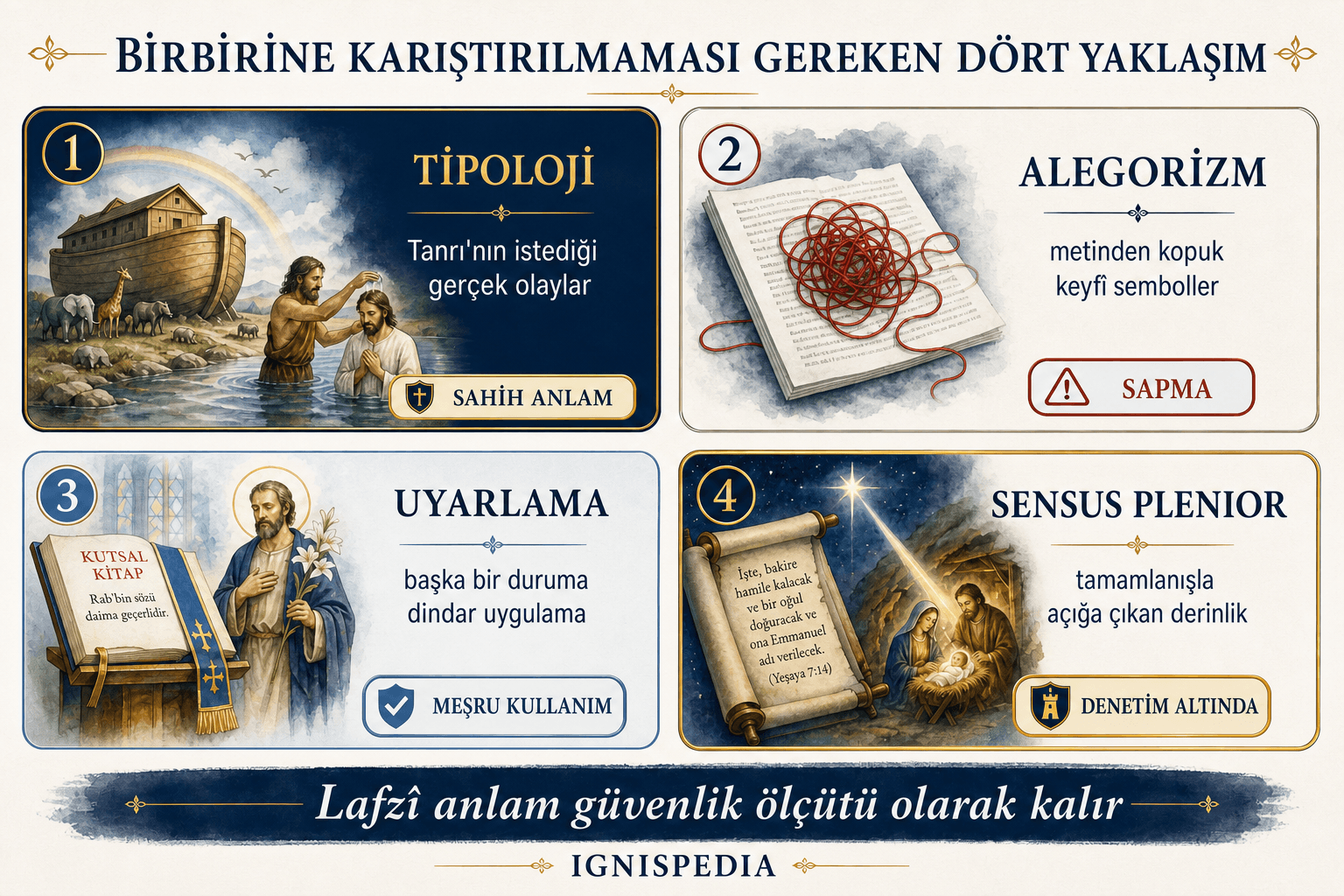Tipoloji, alegorizm, uyarlama ve sensus plenior karşılaştıran infografik