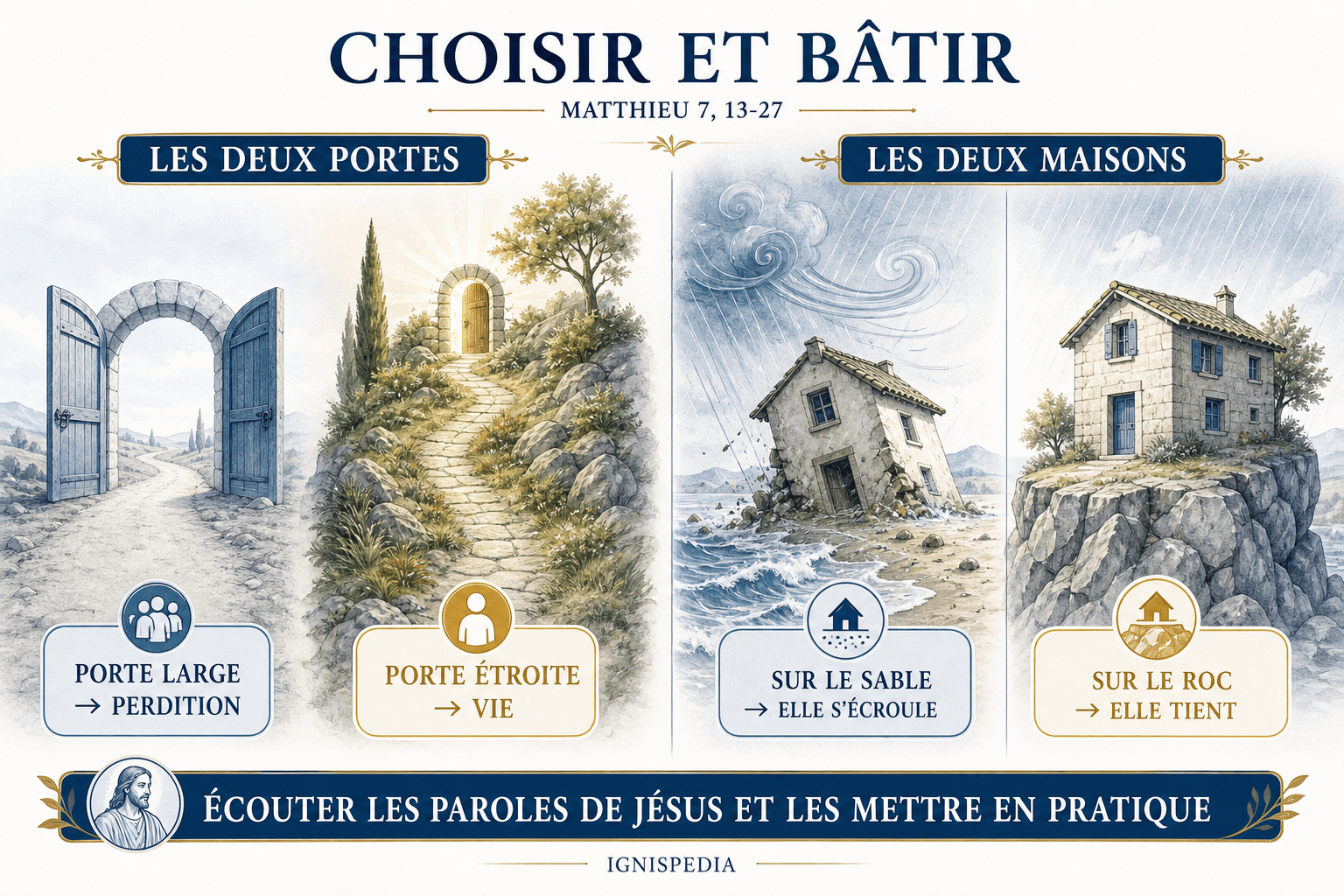 La porte large et la porte étroite, puis la maison sur le sable et la maison sur le roc