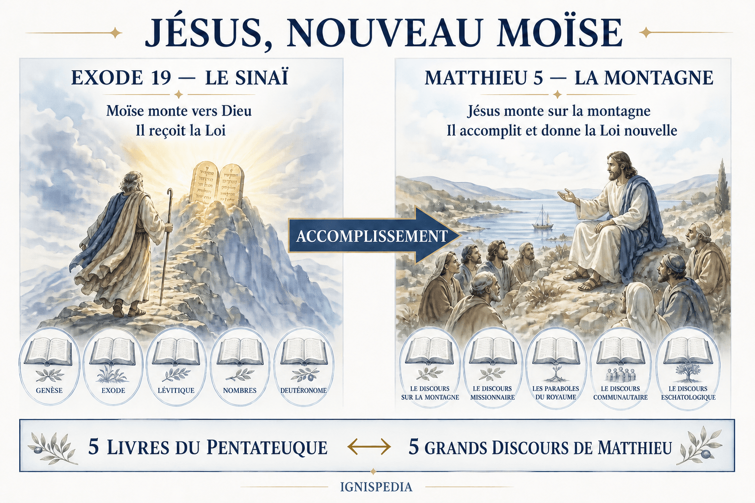 Comparaison entre Moïse recevant la Loi au Sinaï et Jésus donnant la Loi nouvelle sur la montagne