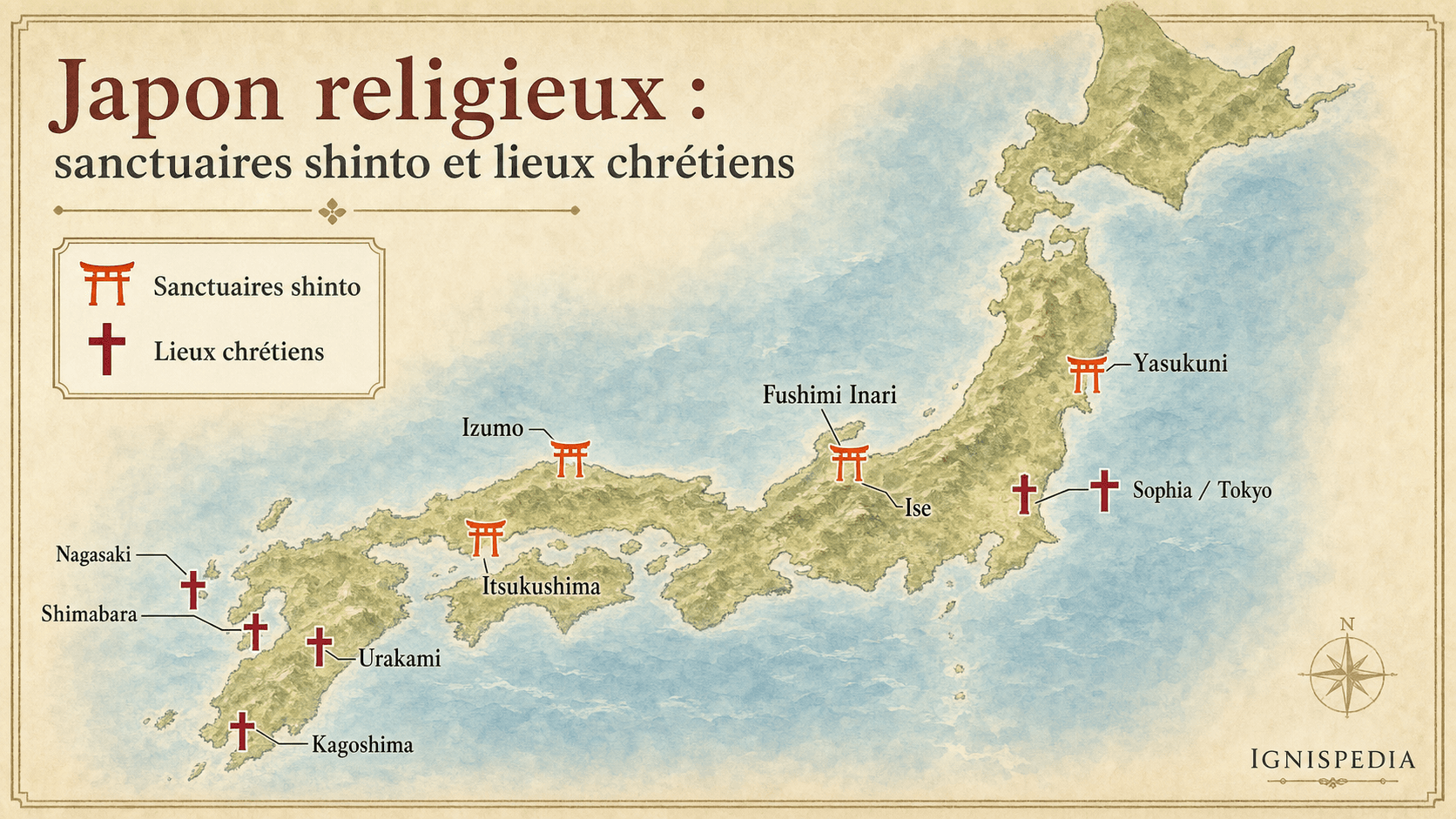 Carte pédagogique du Japon indiquant les grands sanctuaires shinto et les principaux lieux du christianisme japonais