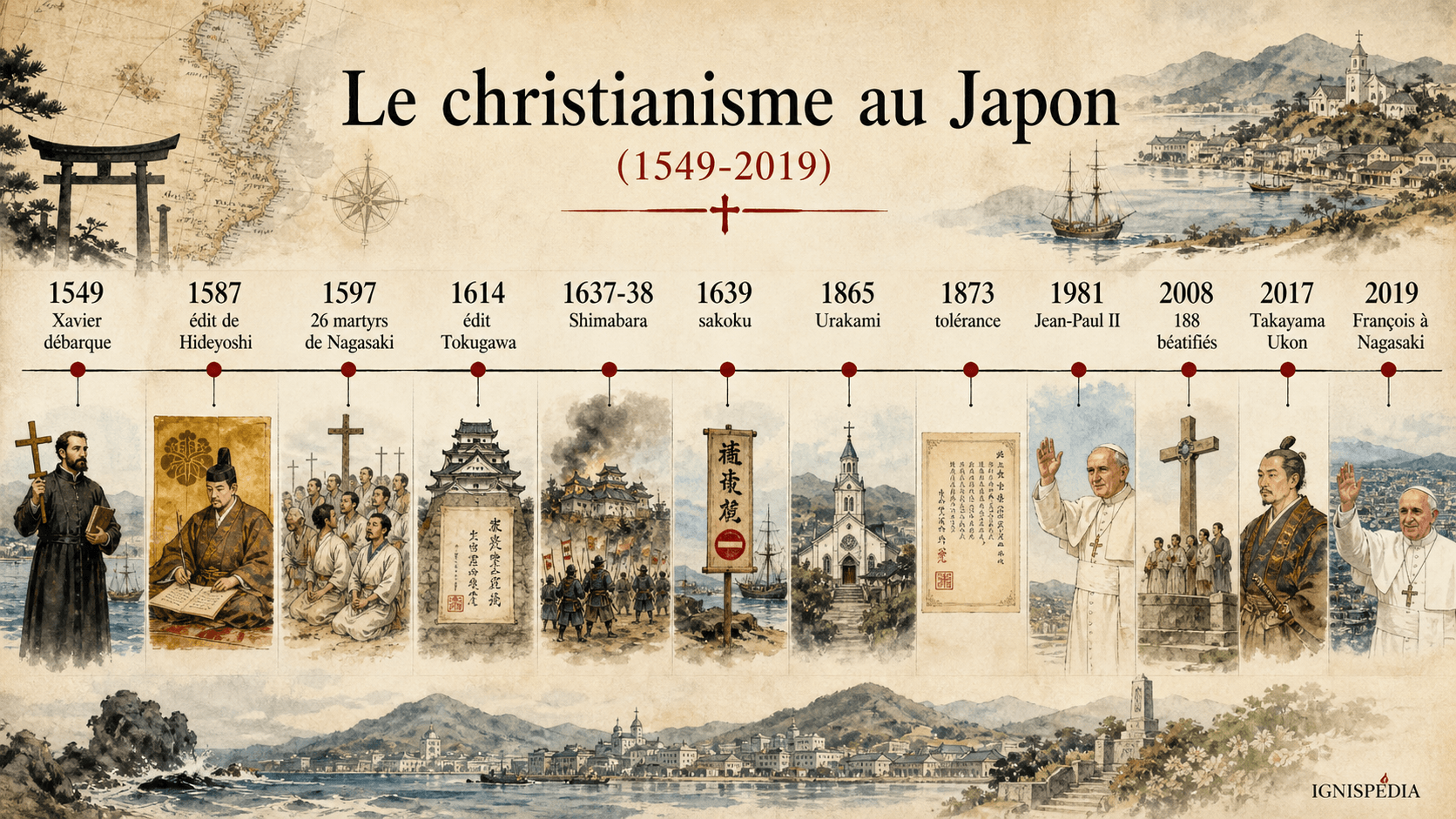 Chronologie du christianisme au Japon de François-Xavier en 1549 au pape François en 2019