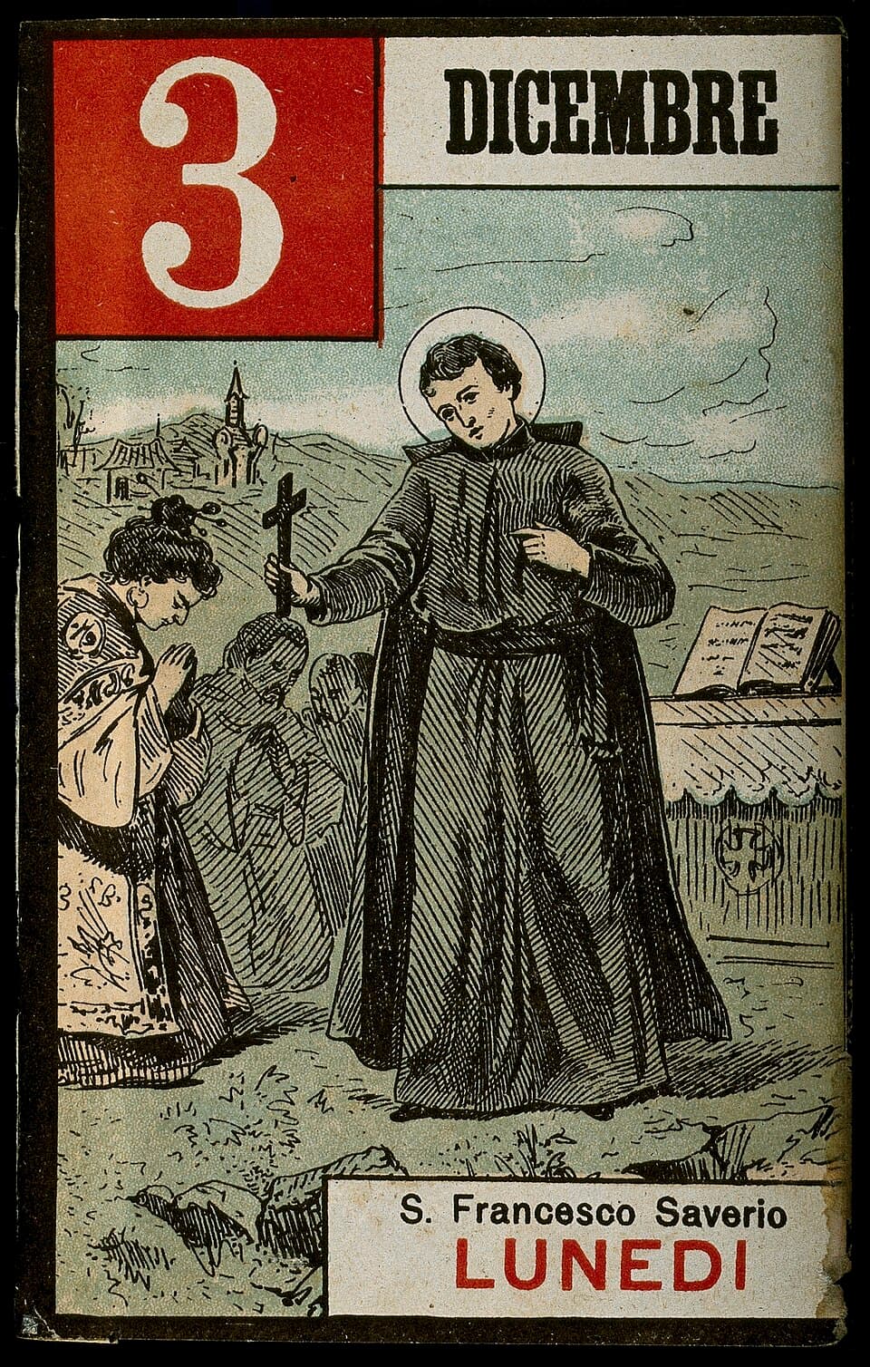 Saint Francis Xavier holding a crucifix before kneeling Japanese