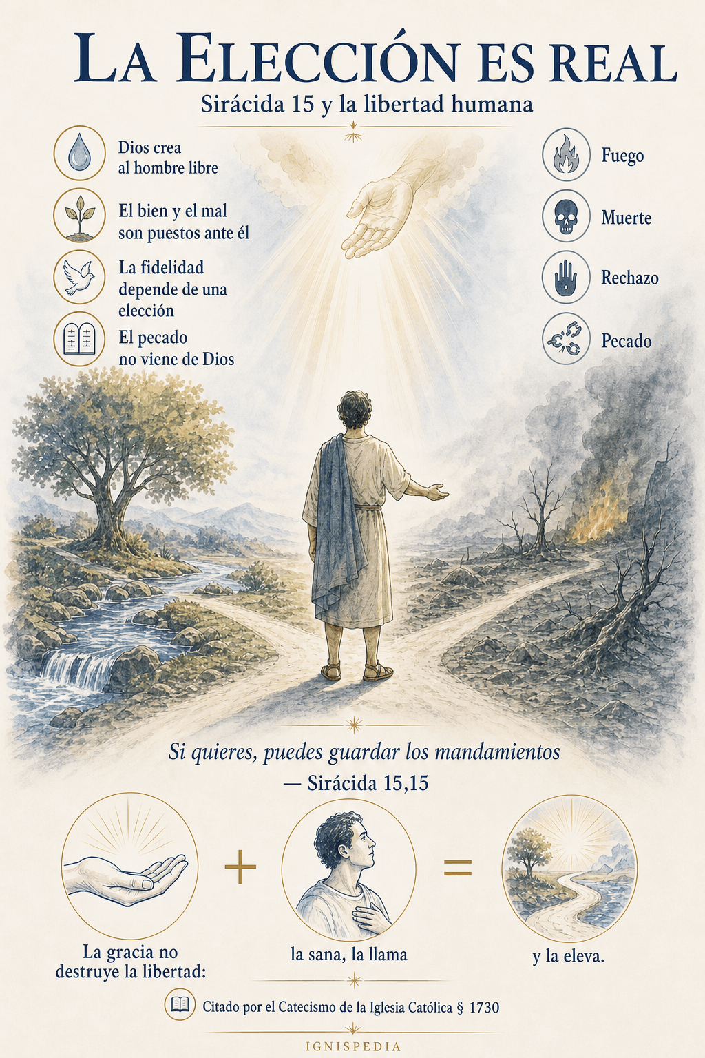 Infografía de Sirácida 15 oponiendo el agua y la vida al fuego y a la muerte según la libre elección humana
