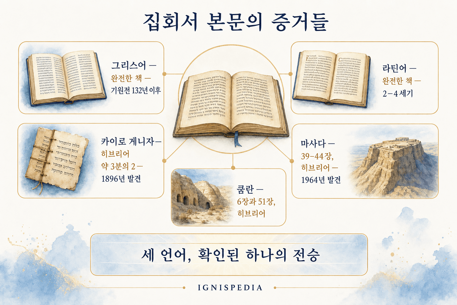 집회서 본문의 그리스어, 라틴어, 히브리어 증거본 비교 인포그래픽