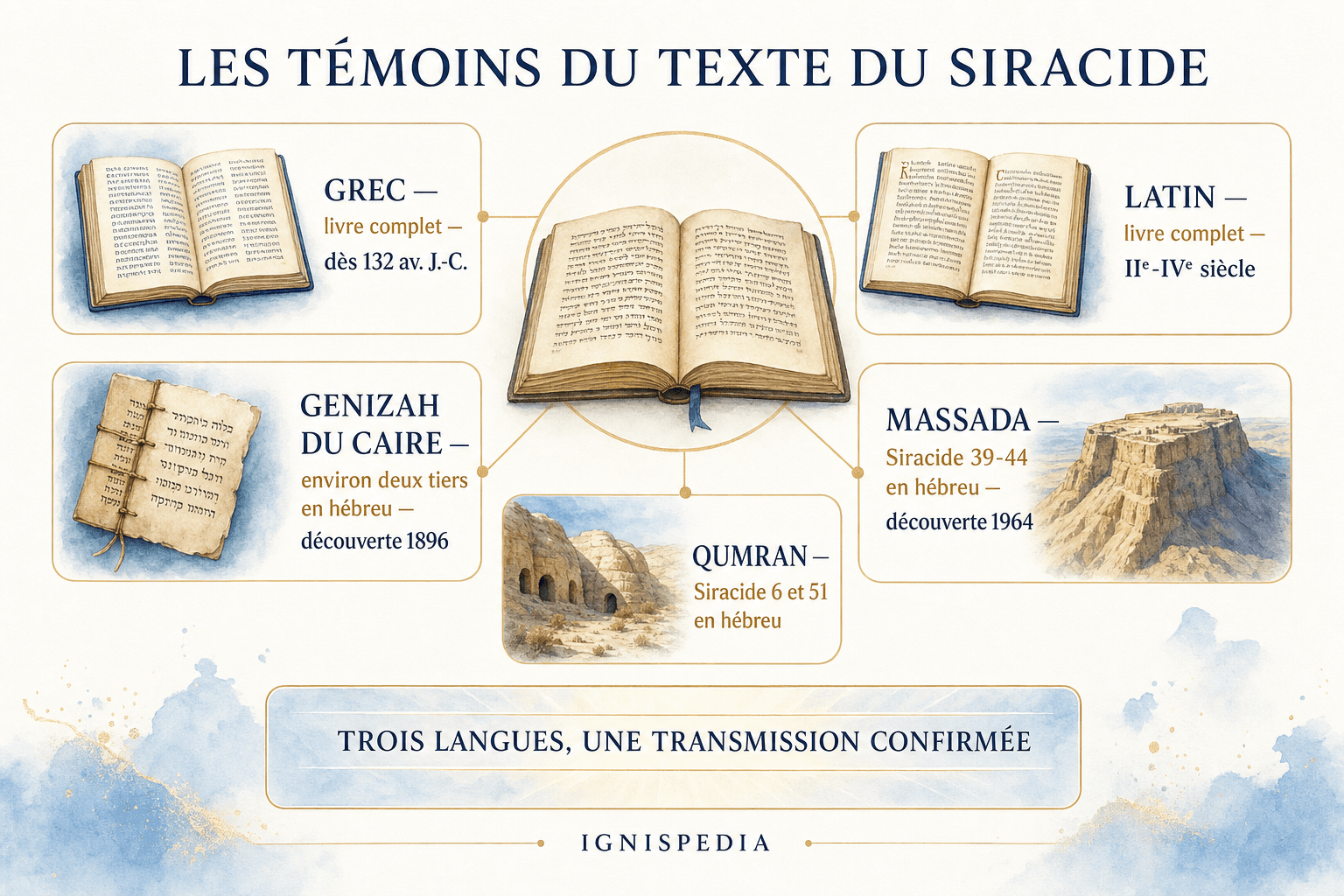 Infographie comparant les témoins grecs, latins et hébreux du texte du Siracide