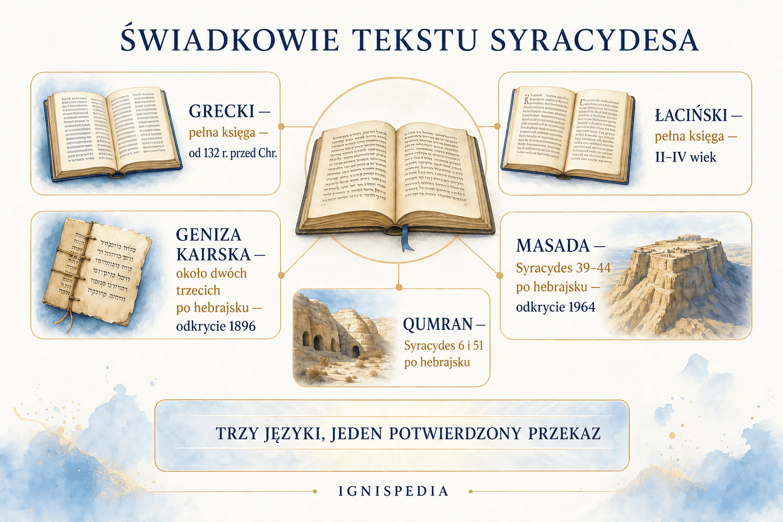 Infografika porównująca świadków greckich, łacińskich i hebrajskich tekstu Syracha
