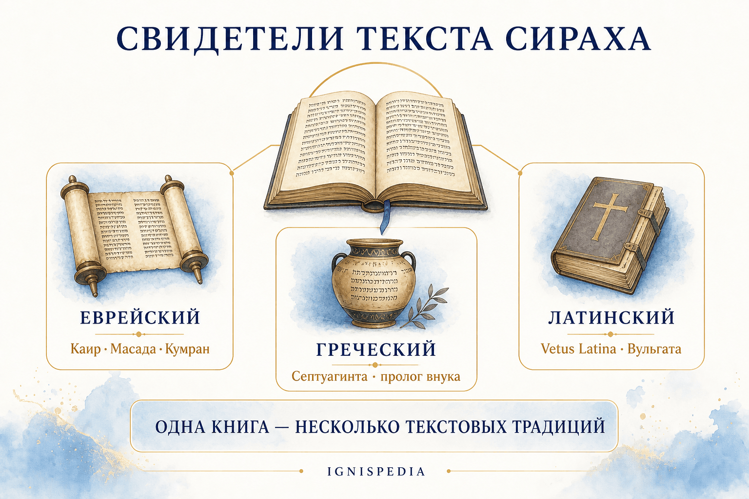 Инфографика, сравнивающая греческие, латинские и еврейские свидетели текста Сираха