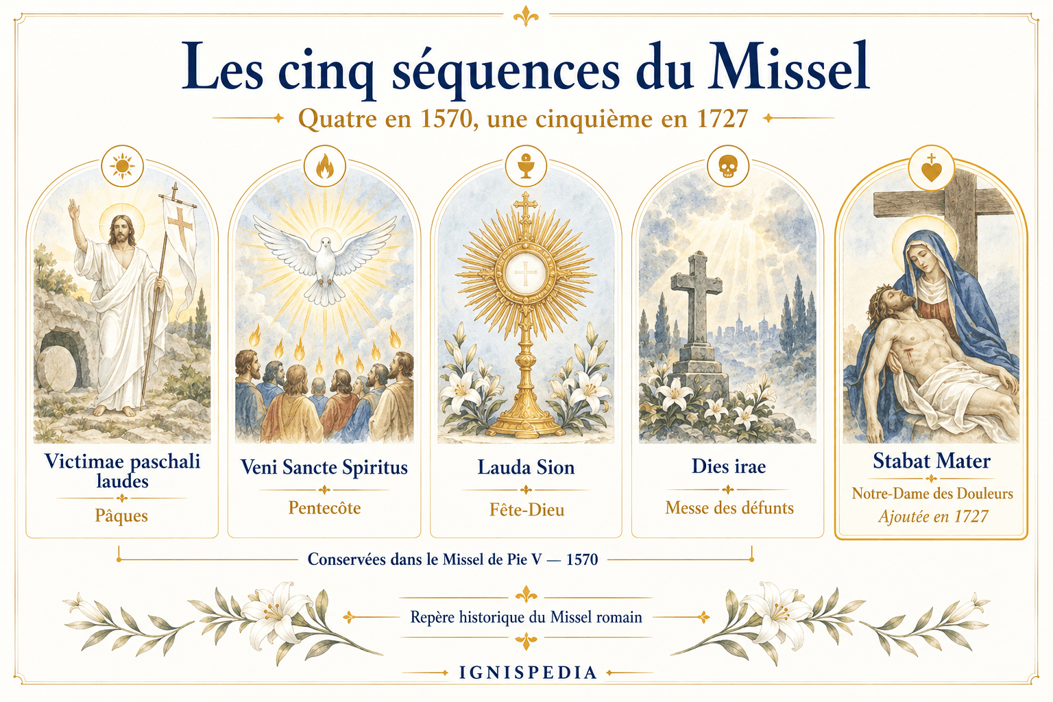 1570년에 보존된 네 개의 속창과 1727년에 추가된 Stabat Mater