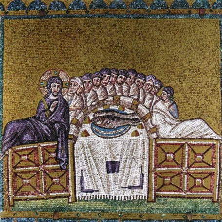 Der Tisch des Abendmahls im Mosaik von Sant’Apollinare Nuovo in Ravenna
