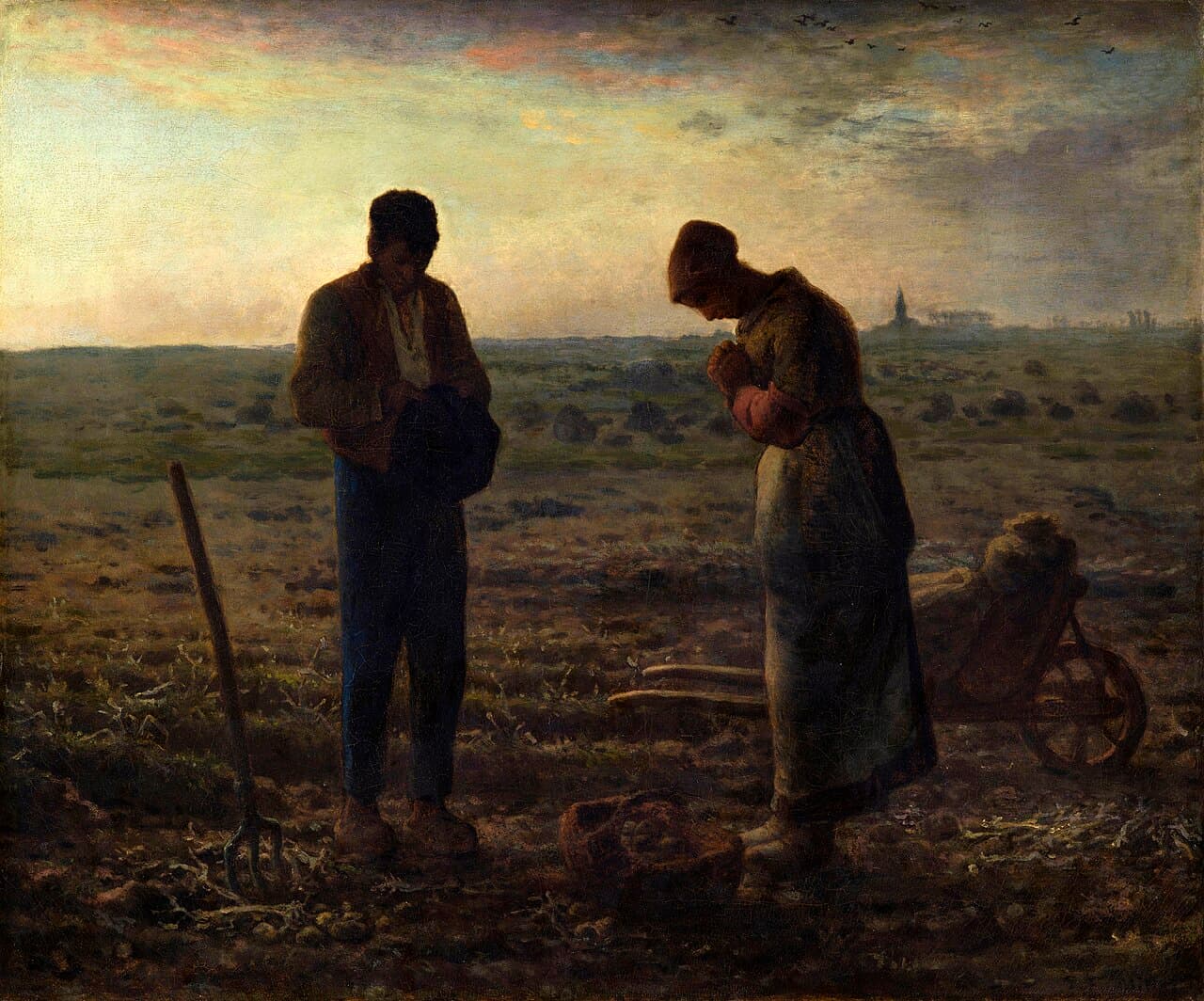 Dos campesinos interrumpen su trabajo para rezar el Ángelus