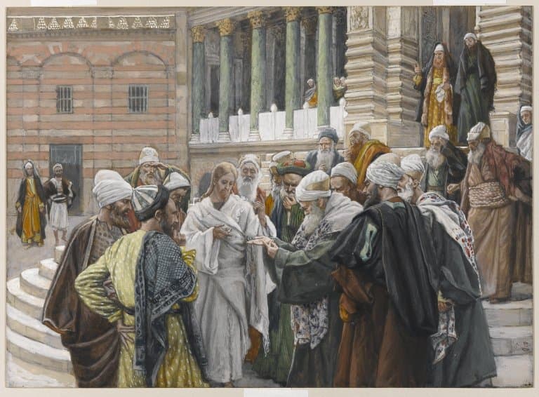 Der Zinsgroschen, Aquarell von James Tissot: Christus und die Münze des Kaisers