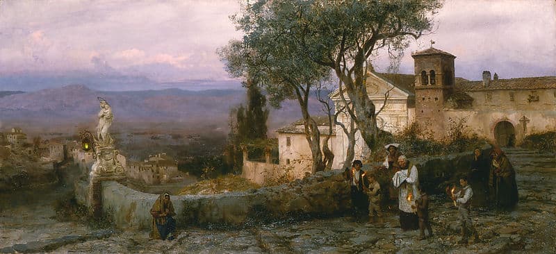 Un prêtre accompagné de porteurs de lumière traverse un village avec le viatique, dans le tableau de Siemiradzki.