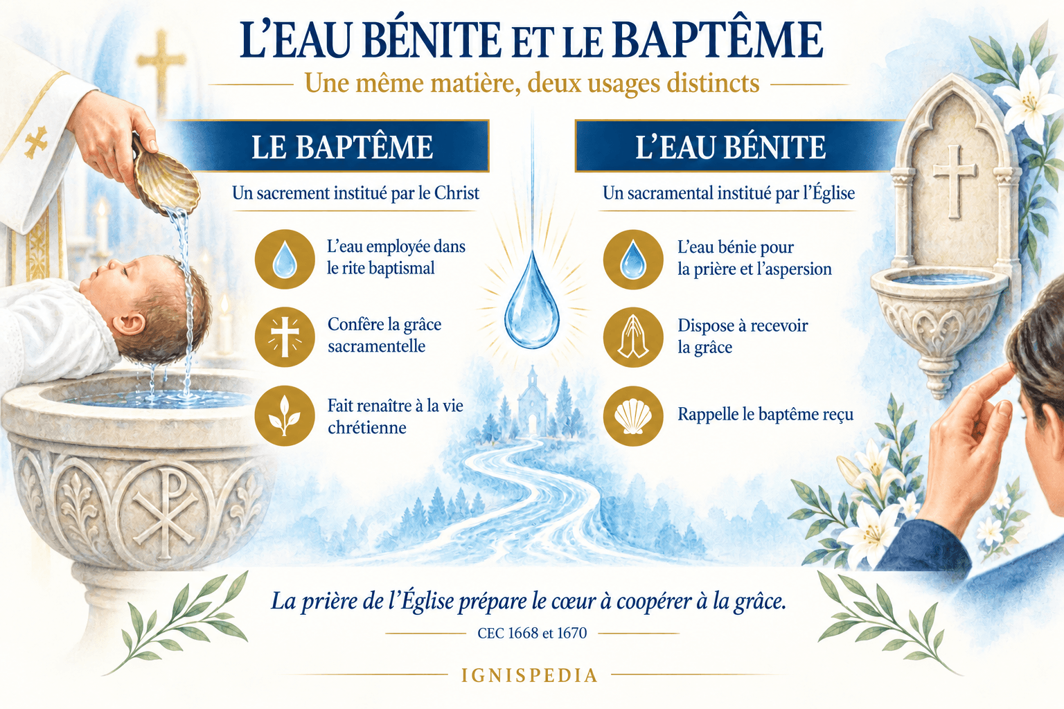 Le baptême confère la grâce sacramentelle ; l’eau bénite rappelle le baptême et dispose à la grâce