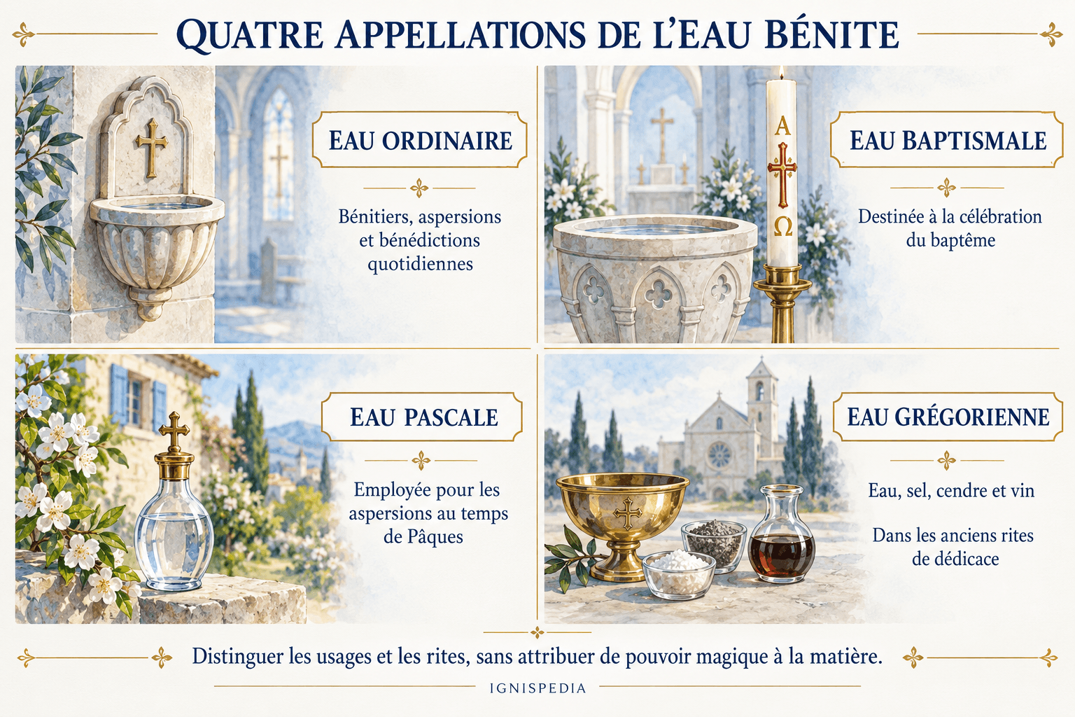 Eaux ordinaire, baptismale, pascale et grégorienne : quatre appellations et leurs usages
