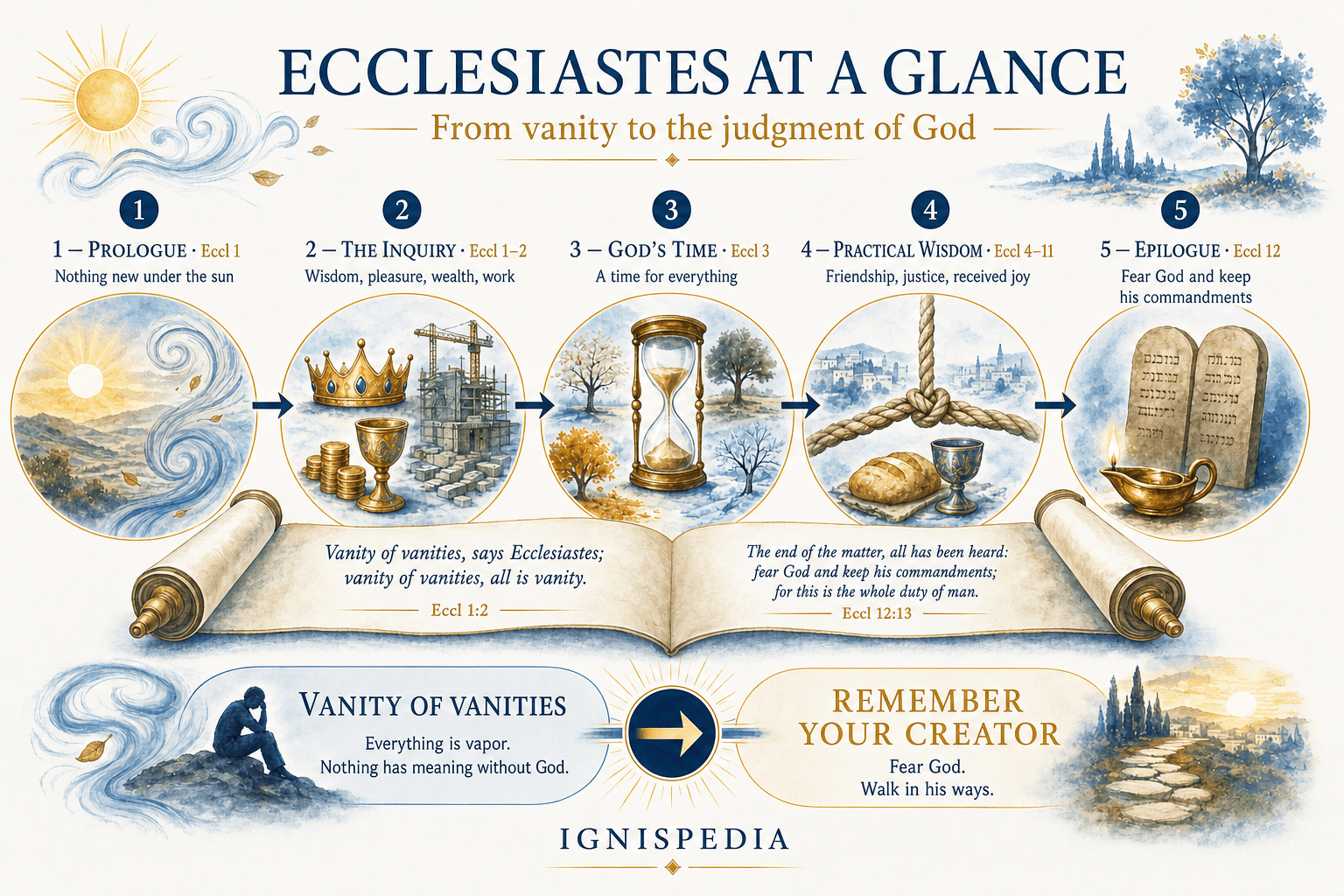 Infographic of the structure of Ecclesiastes: prologue, Qoheleth’s inquiry, practical wisdom, poem of old age, epilogue