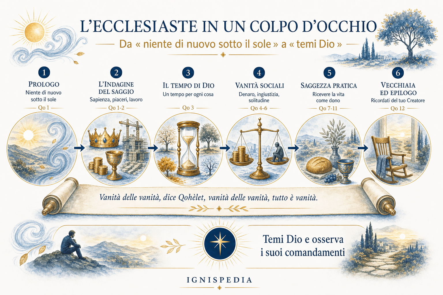 Infografica dell'architettura del libro dell'Ecclesiaste: prologo, indagine di Qoèlet, sapienza pratica, poema della vecchiaia, epilogo