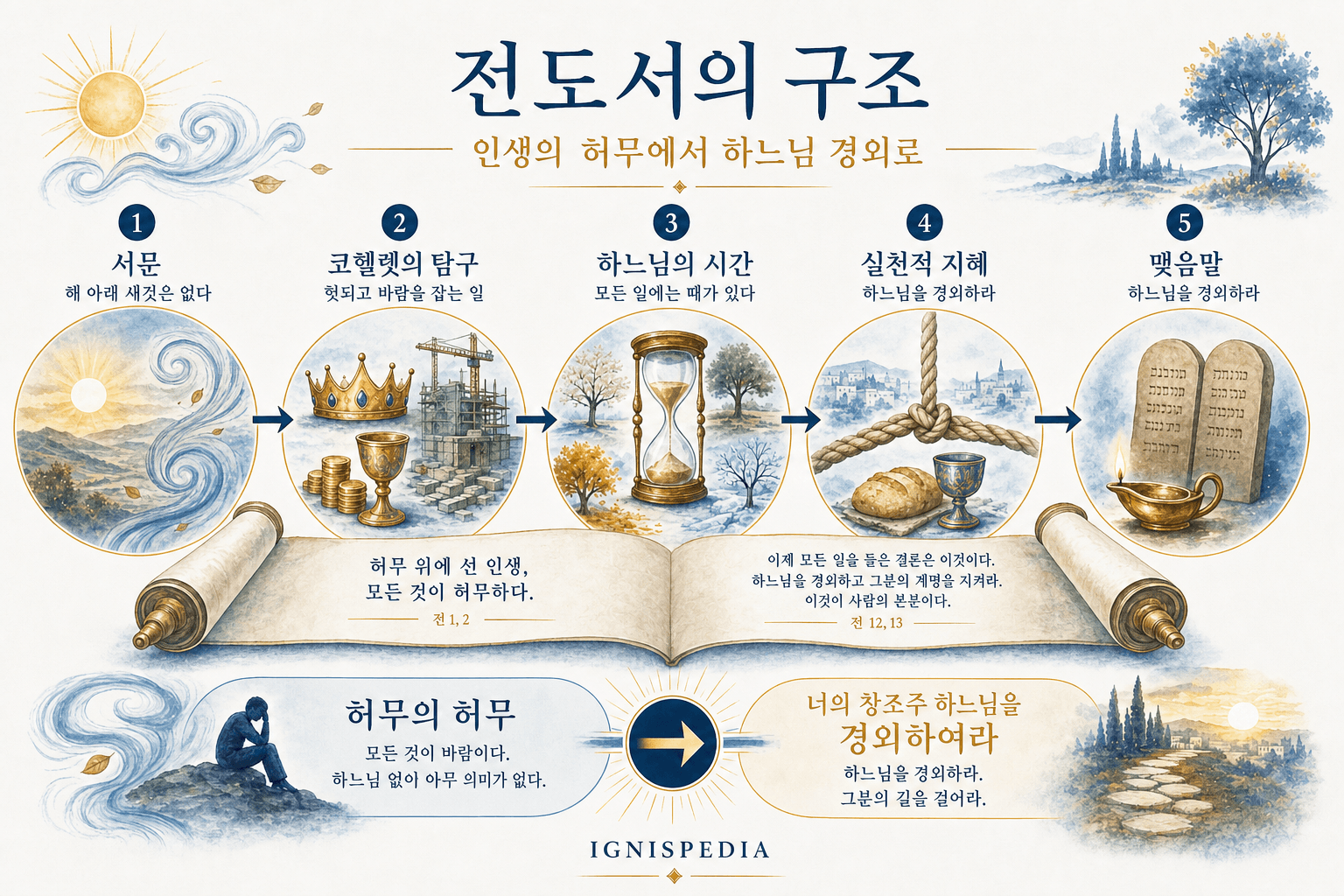 전도서의 구조를 보여주는 인포그래픽: 프롤로그, 코헬렛의 탐구, 실천적 지혜, 노년의 시, 에필로그