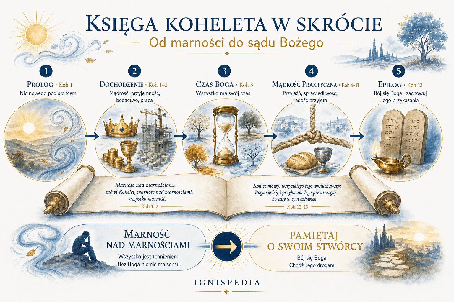 Infografika struktury Księgi Koheleta: prolog, dochodzenie Koheleta, mądrość praktyczna, poemat o starości, epilog