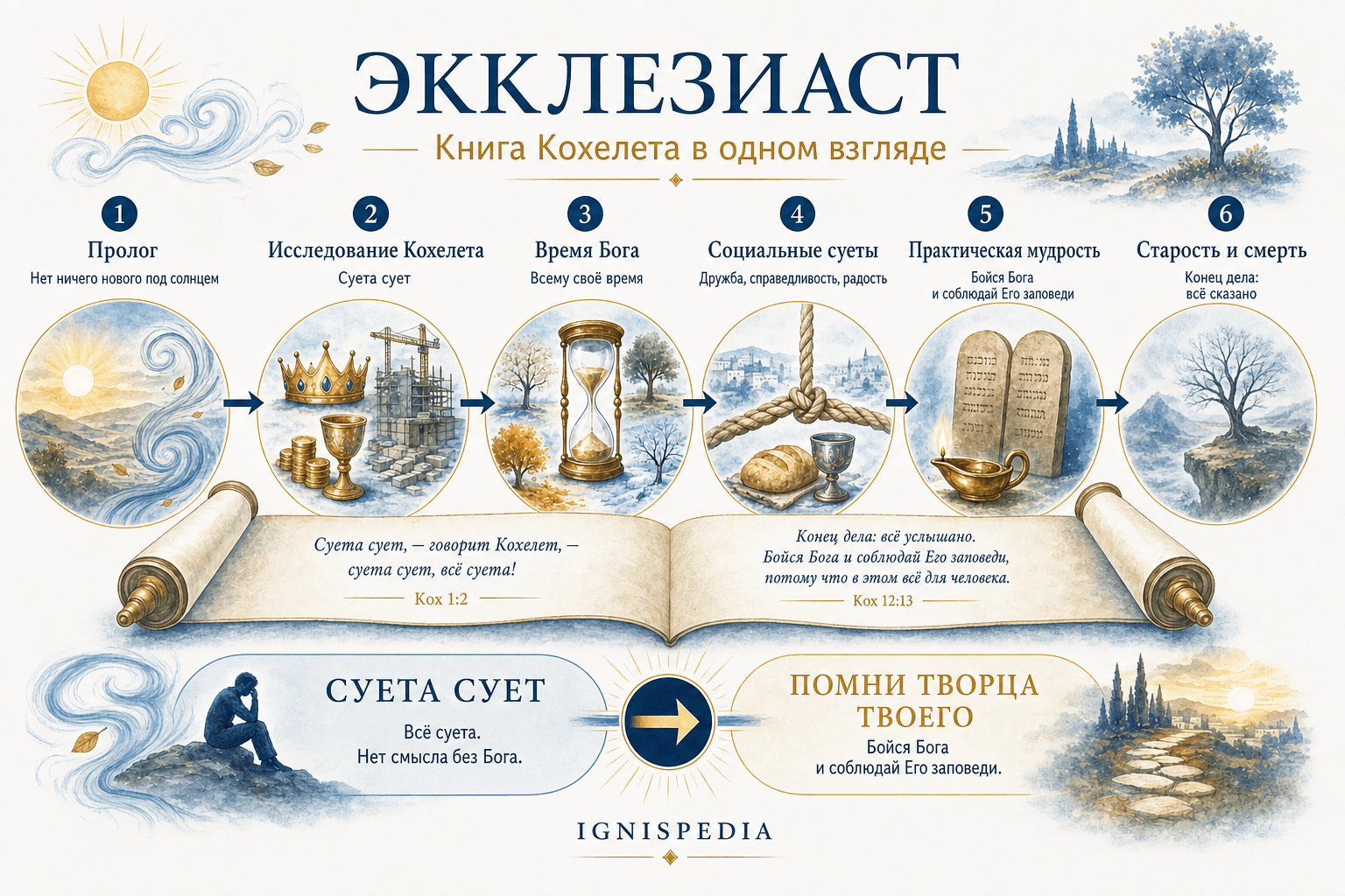 Инфографика структуры книги Экклезиаста: пролог, исследование Кохелета, практическая мудрость, поэма о старости, эпилог